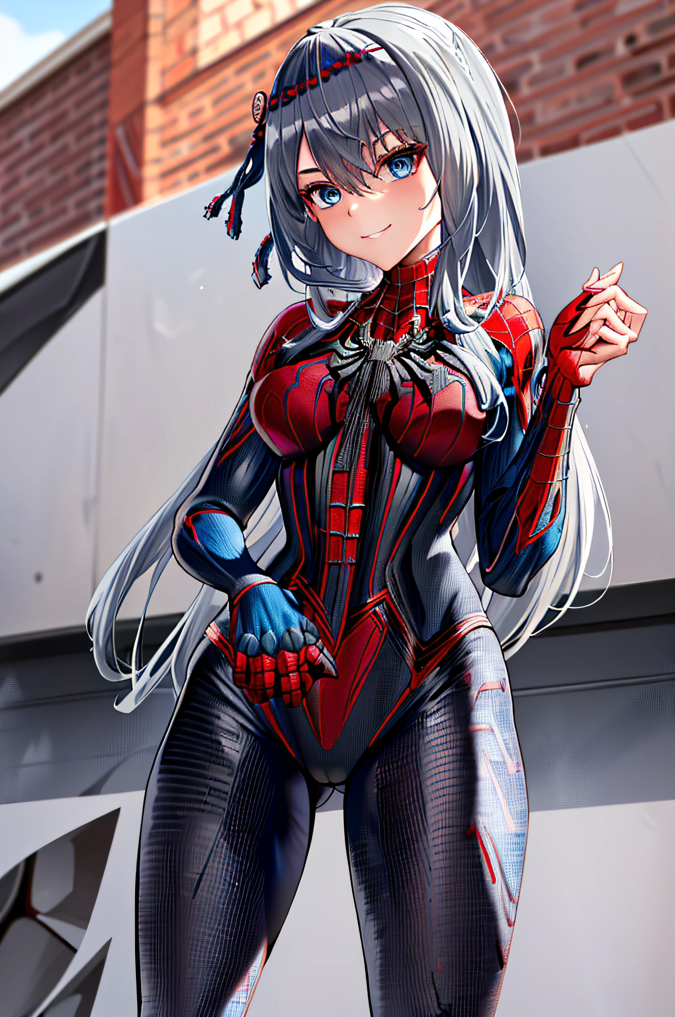 masterpiece, best quality, highres, kei1, 1girl, solo, blue eyes, long hair, (((wears a detailed female black spiderman costume with mask))) , ribbon, bangs, long hair and price, collar bone, gray hair, black hair band, neck ribbon, hair between eyes, medium-sized breasts, cowboy shot, smile, (((detailed anatomically correct body with detailed hands without errors)),  (she's climbing a building like a spider), (complete escenario detallado)