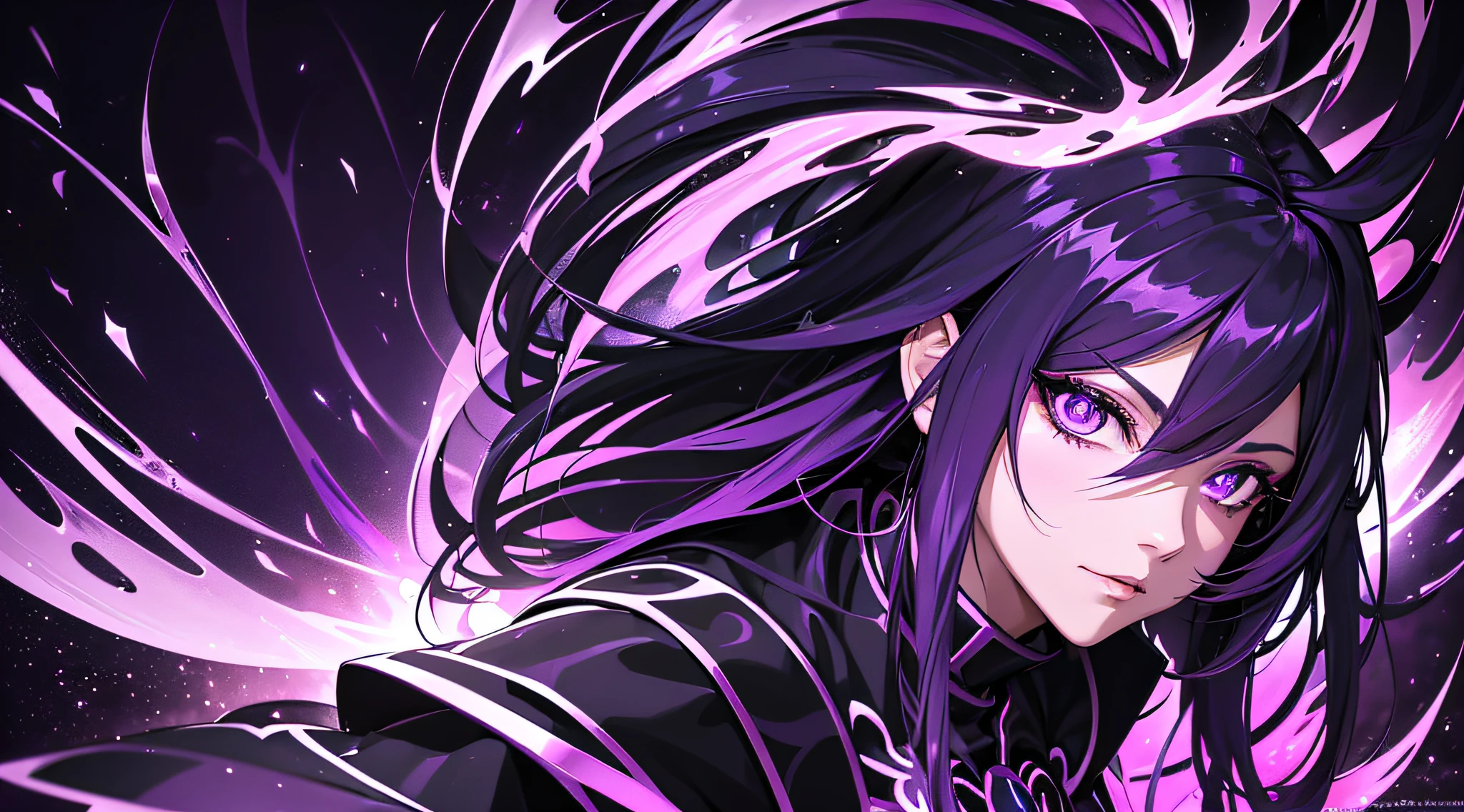 a close-up of a person with a purple and black background, glowing black aura, evil aura, 8k anime, an epic anime of a being with purple fire powers, epic anime style, menacing aura, aura of darkness, evolving into its final form, aura of incandescent power, glowing cosmic flourishing power