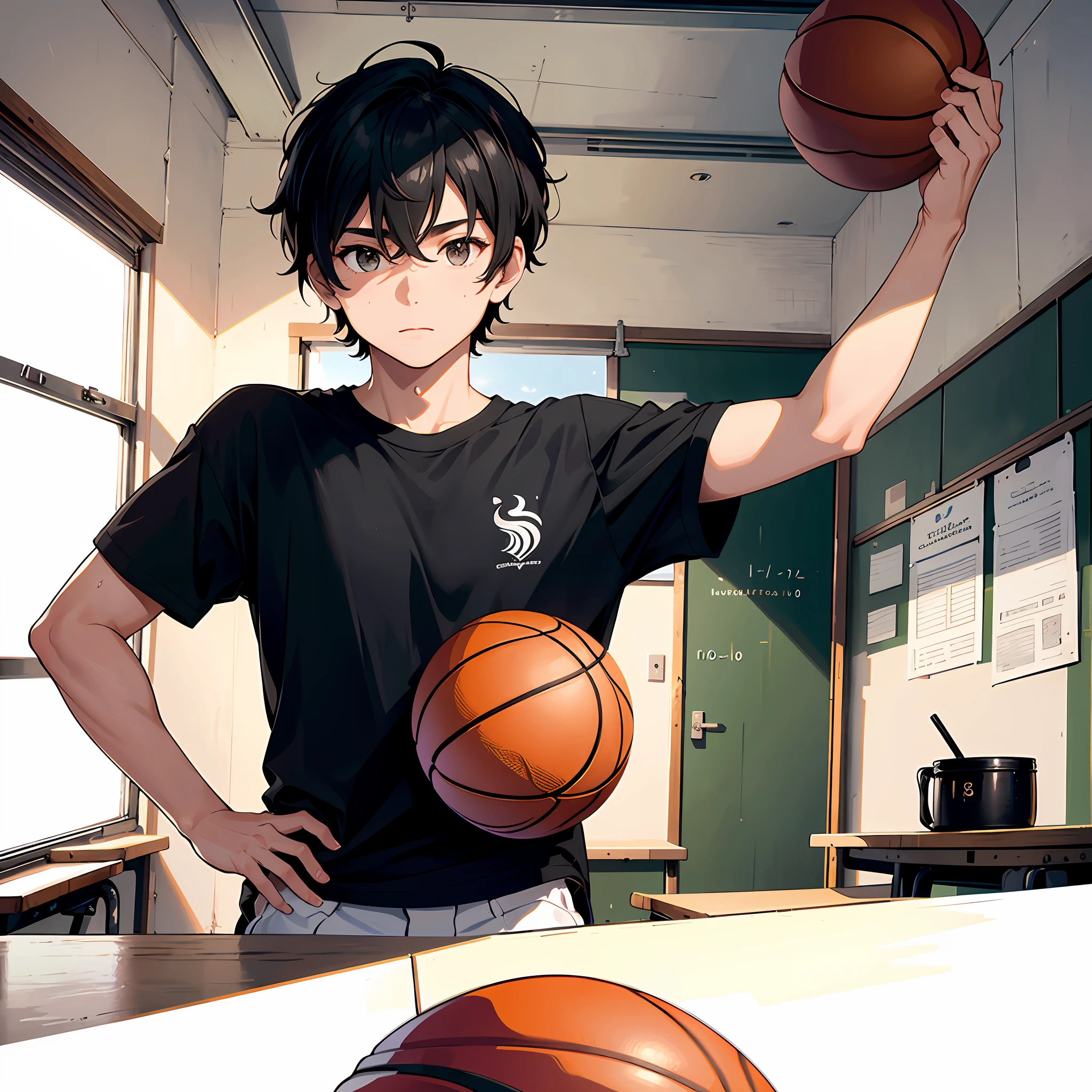 Ultra High Resolution, 16k, ((Masterpiece)), ((Best Quality))), ((Ultra Detailed)), Upper Body View, A Boy, Short Hair, Comma Hair, Hair Between Eyes, Black T-Shirt, Holding a Basketball, In the classroom