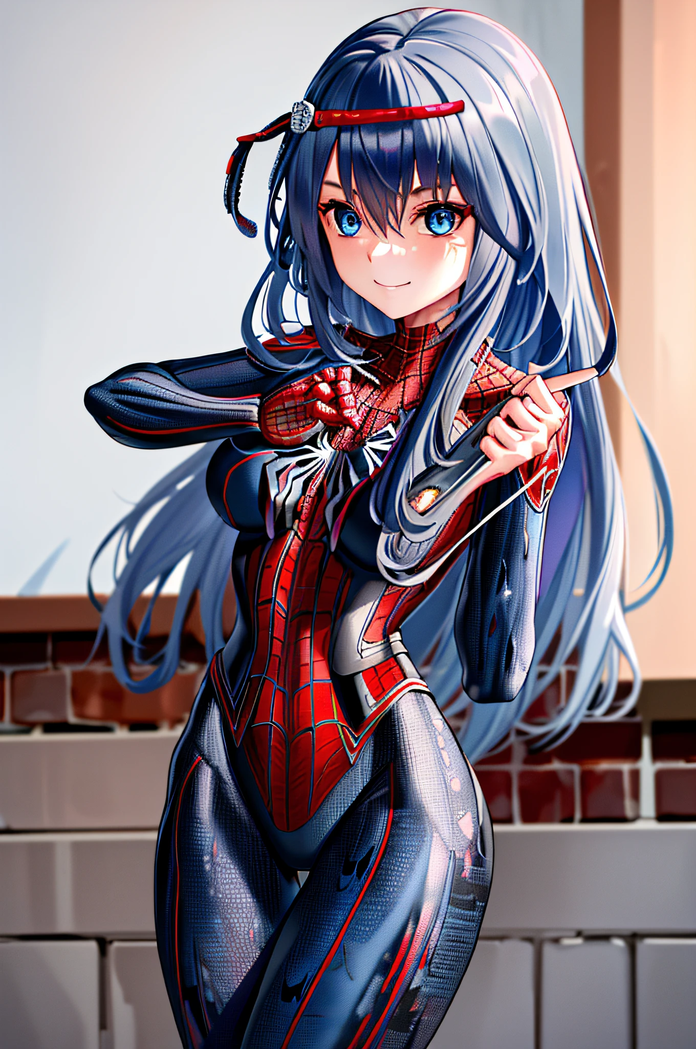 masterpiece, best quality, highres, kei1, 1girl, solo, blue eyes, long hair, (((wears a detailed female black spiderman costume with mask))) , ribbon, bangs, long hair and price, collar bone, gray hair, black hair band, neck ribbon, hair between eyes, medium-sized breasts, cowboy shot, smile, (((detailed anatomically correct body with detailed hands without errors)),  (she's climbing a building like a spider), (complete escenario detallado)