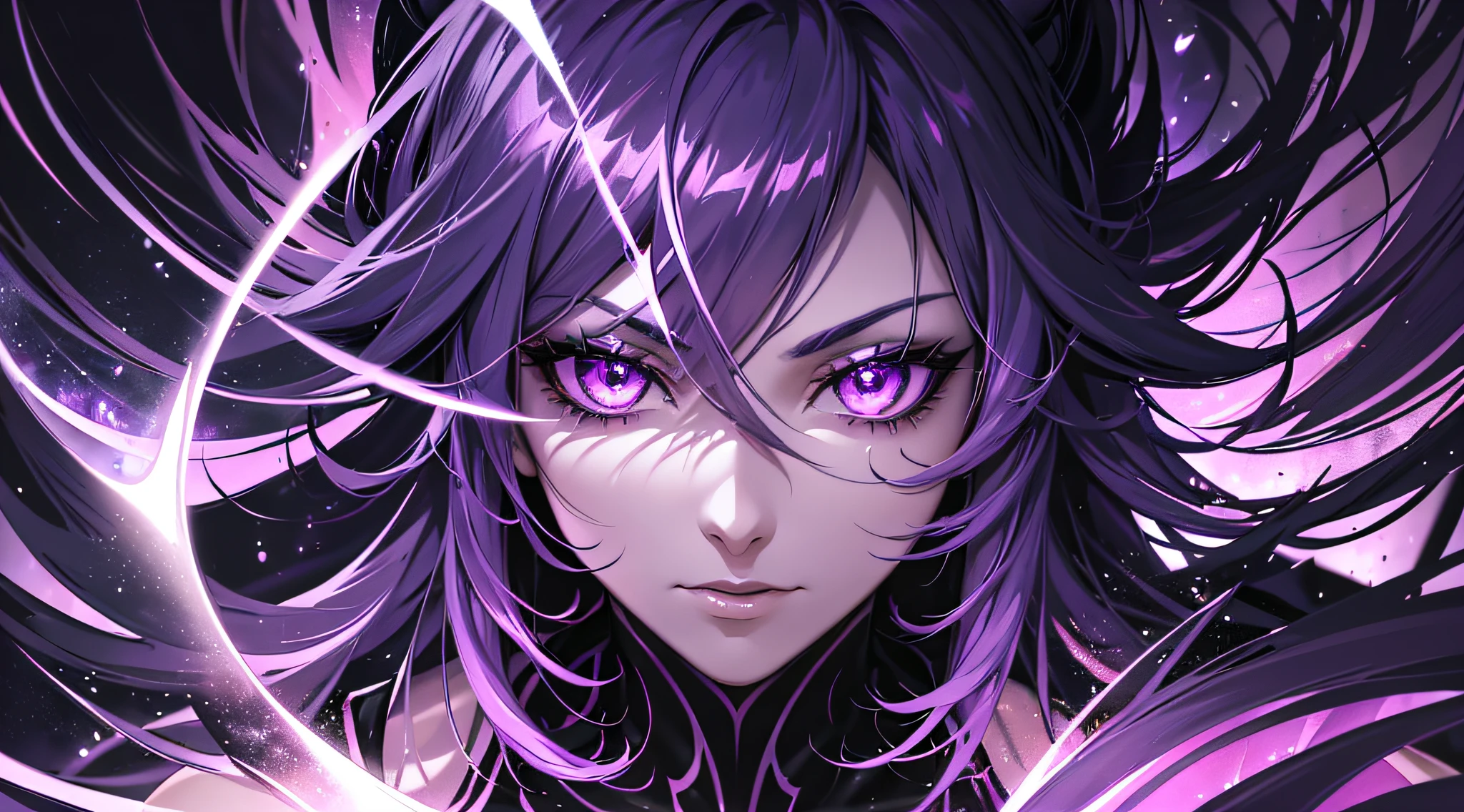 a close-up of a person with a purple and black background, glowing black aura, evil aura, 8k anime, an epic anime of a being with purple fire powers, epic anime style, menacing aura, aura of darkness, evolving into its final form, aura of incandescent power, glowing cosmic flourishing power