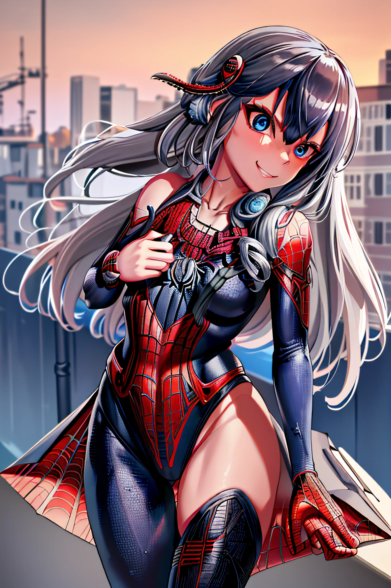 masterpiece, best quality, highres, kei1, 1girl, solo, blue eyes, long hair, (((wears a detailed female black spiderman costume with mask))) , ribbon, bangs, long hair and price, collar bone, gray hair, black hair band, neck ribbon, hair between eyes, medium-sized breasts, cowboy shot, smile, (((detailed anatomically correct body with detailed hands without errors)),  (she's climbing a building like a spider), (complete escenario detallado)