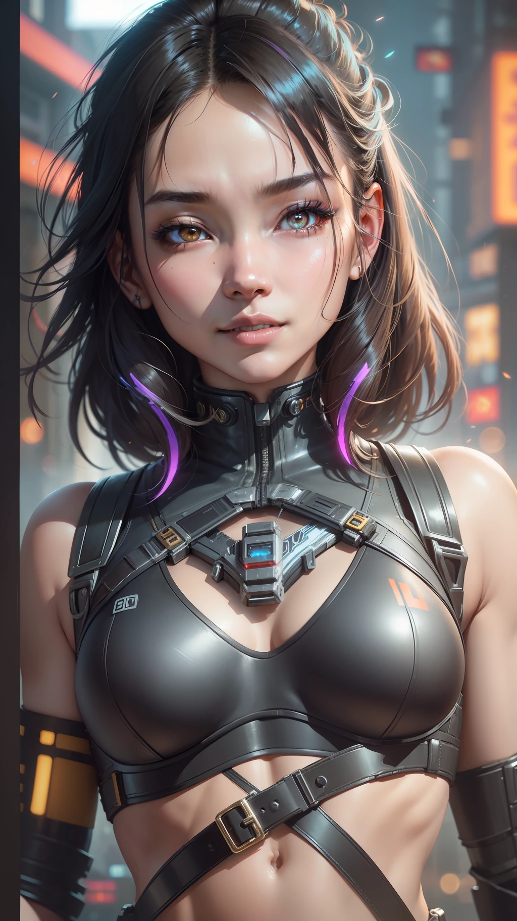Beautiful hyperrealistic upper body photograph of cute smiling asian cyberpunk female, (((wearing cyber-armor, combat harness))) shapeless cyberpunk hairstyle, (dynamic pose), cyberpunk city street background, abstract beauty, near perfection, pure form, Golden Ratio proportions, concept art, By Brian Froud and Carne Griffiths and Wadim Kashin, intricate detail, 8k post-production, High resolution, super Detail, trending on ArtStation, sharp focus, studio photos, intricate detail, Very detailed, By Greg Rutkowski