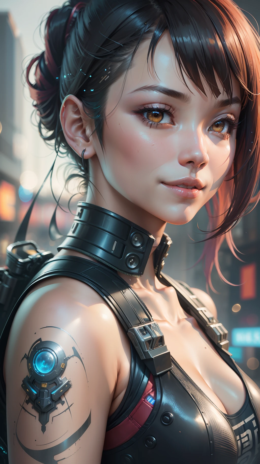 Beautiful hyperrealistic upper body photograph of cute smiling asian cyberpunk female, (((wearing cyber-armor, combat harness))) shapeless cyberpunk hairstyle, (dynamic pose), cyberpunk city street background, abstract beauty, near perfection, pure form, Golden Ratio proportions, concept art, By Brian Froud and Carne Griffiths and Wadim Kashin, intricate detail, 8k post-production, High resolution, super Detail, trending on ArtStation, sharp focus, studio photos, intricate detail, Very detailed, By Greg Rutkowski