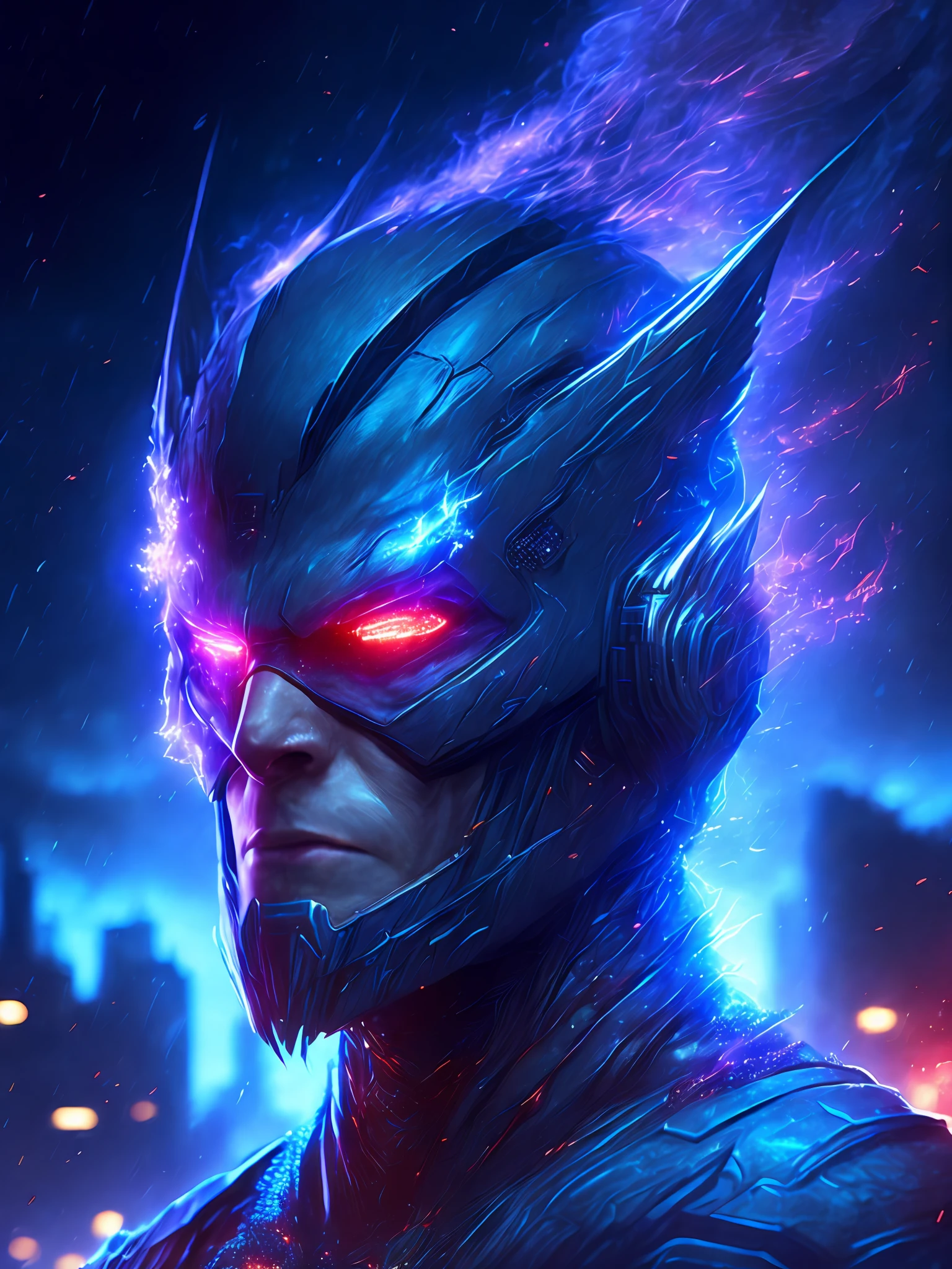 gloomy portrait of Daemon Flash from DC, extremely detailed, futuristic cityscape, nighttime, glowing neon lights, smoke, sparks, metal shavings, flying debris, blue energy effects, volumetric light