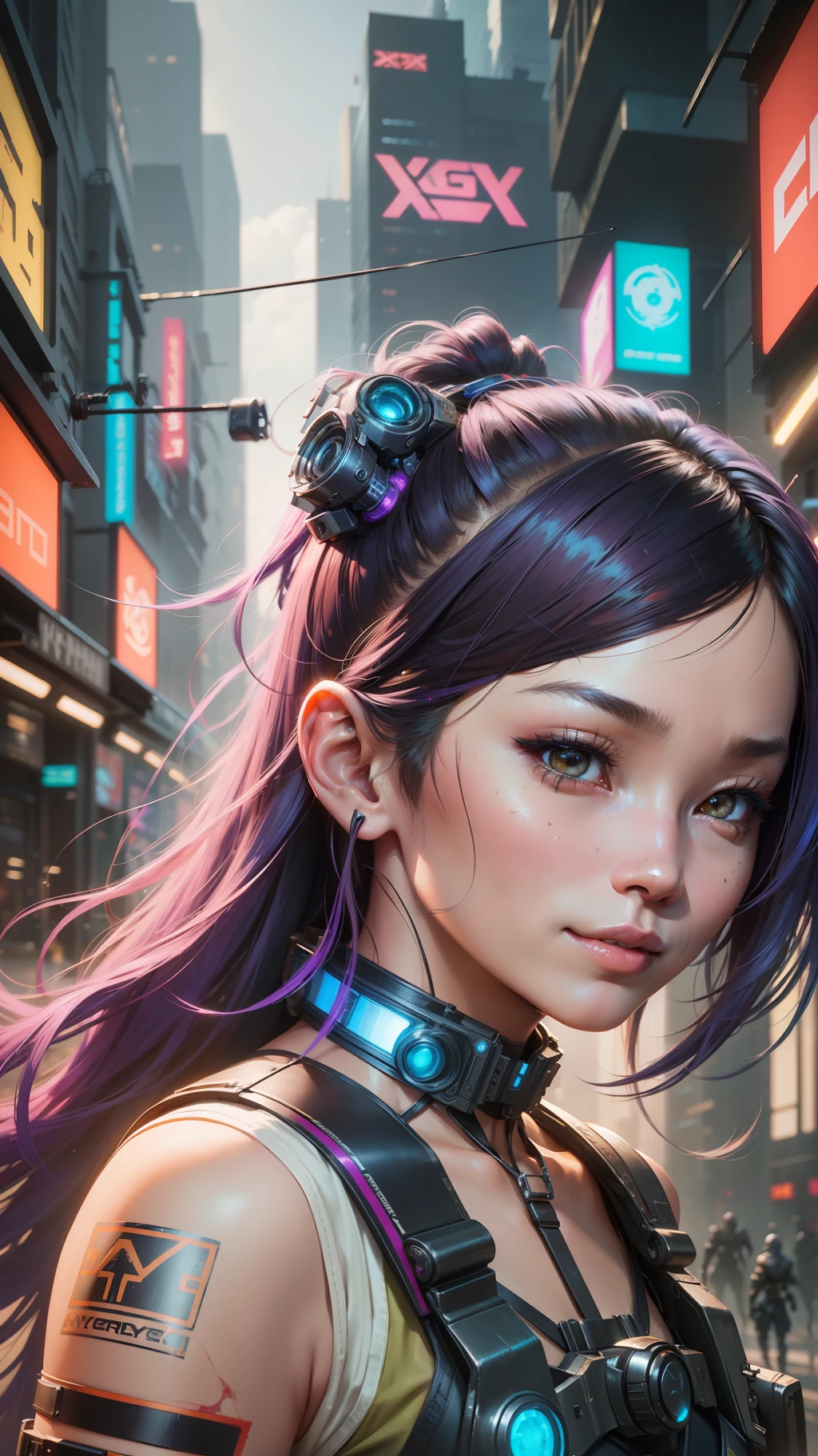 Beautiful hyperrealistic upper body photograph of cute smiling asian cyberpunk female, (((wearing cyber-armor, combat harness))) shapeless cyberpunk hairstyle, (dynamic pose), cyberpunk city street background, abstract beauty, near perfection, pure form, Golden Ratio proportions, concept art, By Brian Froud and Carne Griffiths and Wadim Kashin, intricate detail, 8k post-production, High resolution, super Detail, trending on ArtStation, sharp focus, studio photos, intricate detail, Very detailed, By Greg Rutkowski