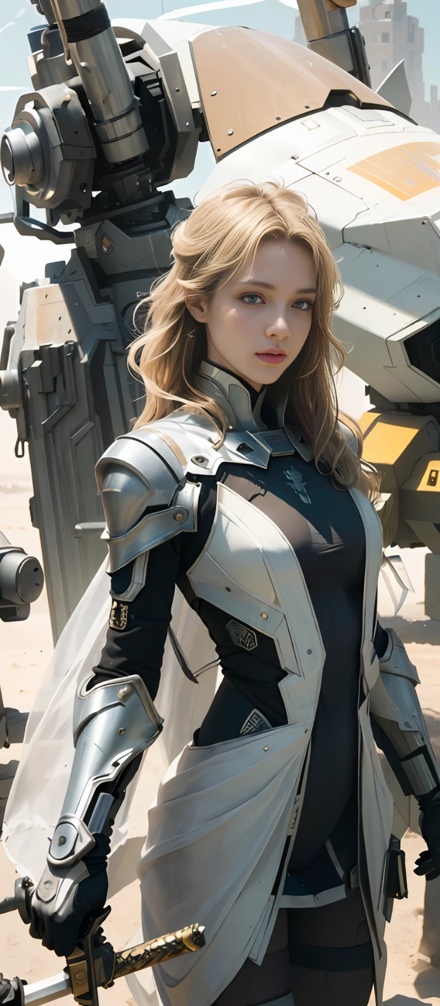 Masterpiece, Best Quality, Film, Official Art, Sand colors, Natural colorsPropaganda Art, Movie Wallpaper, Very Detailed CG Unified 4k Wallpaper, Intricate Details, White Background, Upper Body, Facial Focus, Concept Art, Production Art, ( , Highres, (realistic, photo-realistic:1.2), physically-based rendering, machinery, reflection, realistic, cyberpunk, symmetric front view close up head shot eyes symmetry face very sharp focus realistic award winning matte drawing movie light 1 boy, mecha, (Illustration: 1.1), slim, fair skin, delicate face, king robe, shine, tights, (long blonde hair), green eyes, battlefield, chip, shine, sword