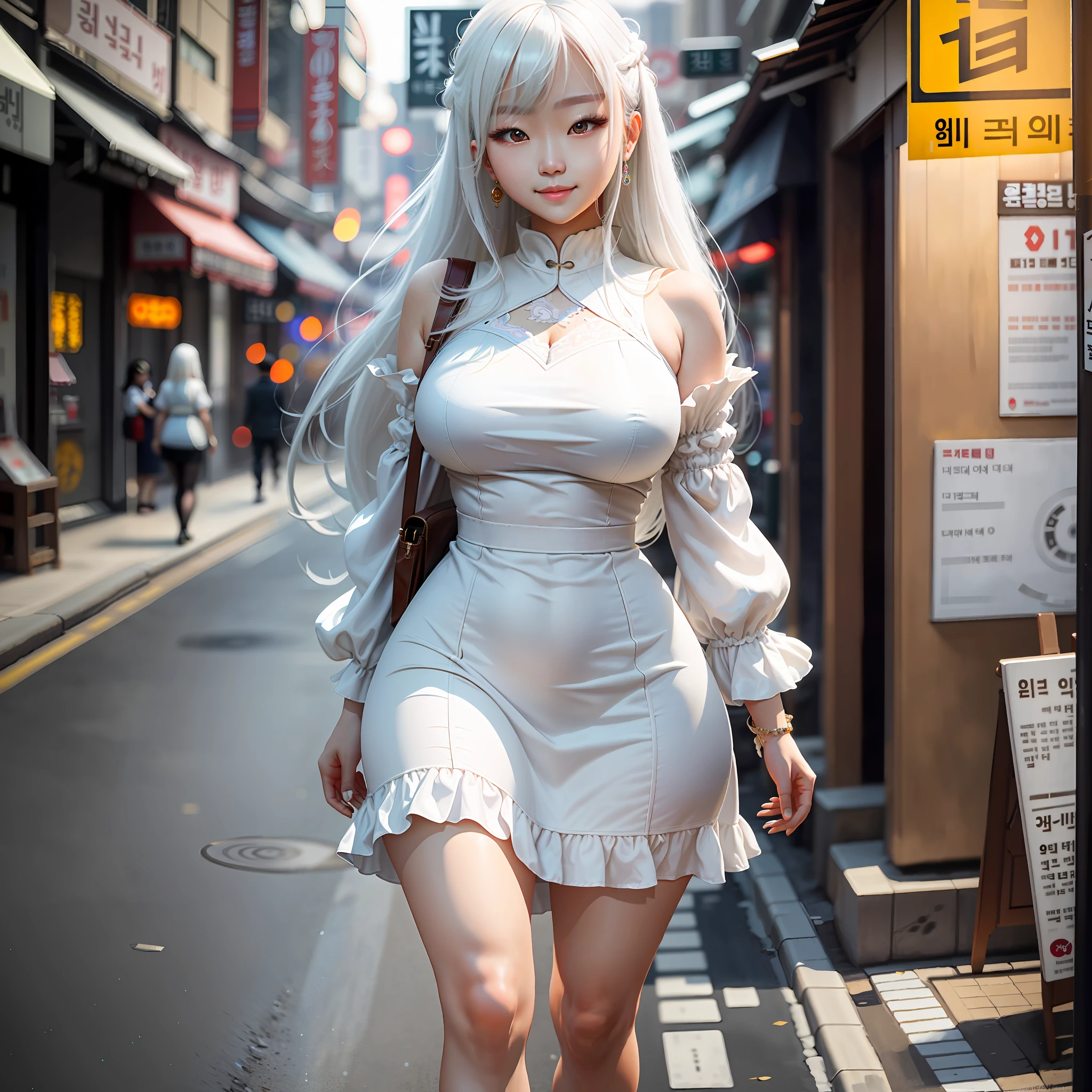 masterpiece, maximum quality, ultra high resolution, 8k, korean girl, full body, detailed face, detailed eyes, shy smile, white hair, wearing a short dress, wide hips, thick thighs, walking the streets of Seoul