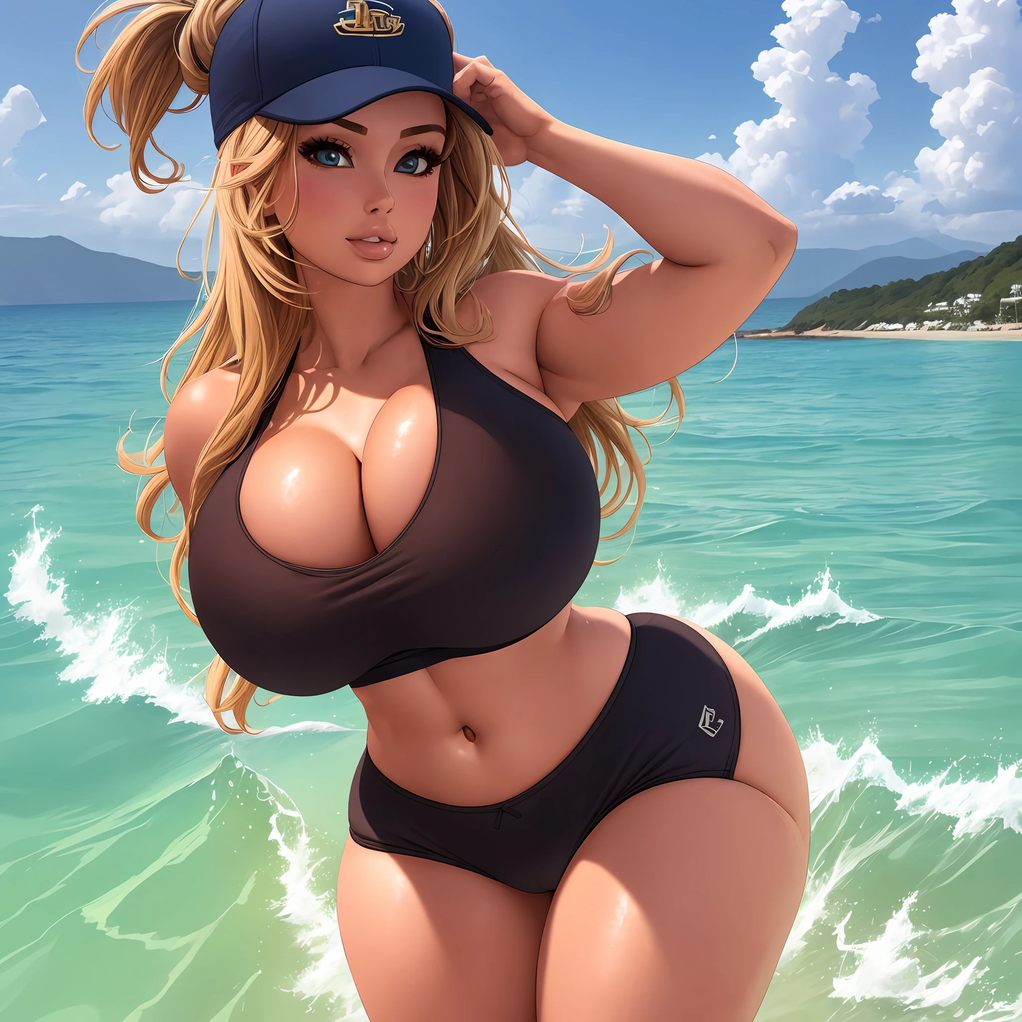 1 girl, 30 year old girl, sports tight panties, sports tight top, round breasts, huge fake boobs, wide thighs, thicc, big ass, vacation at sea, 8K, 4K, HDR