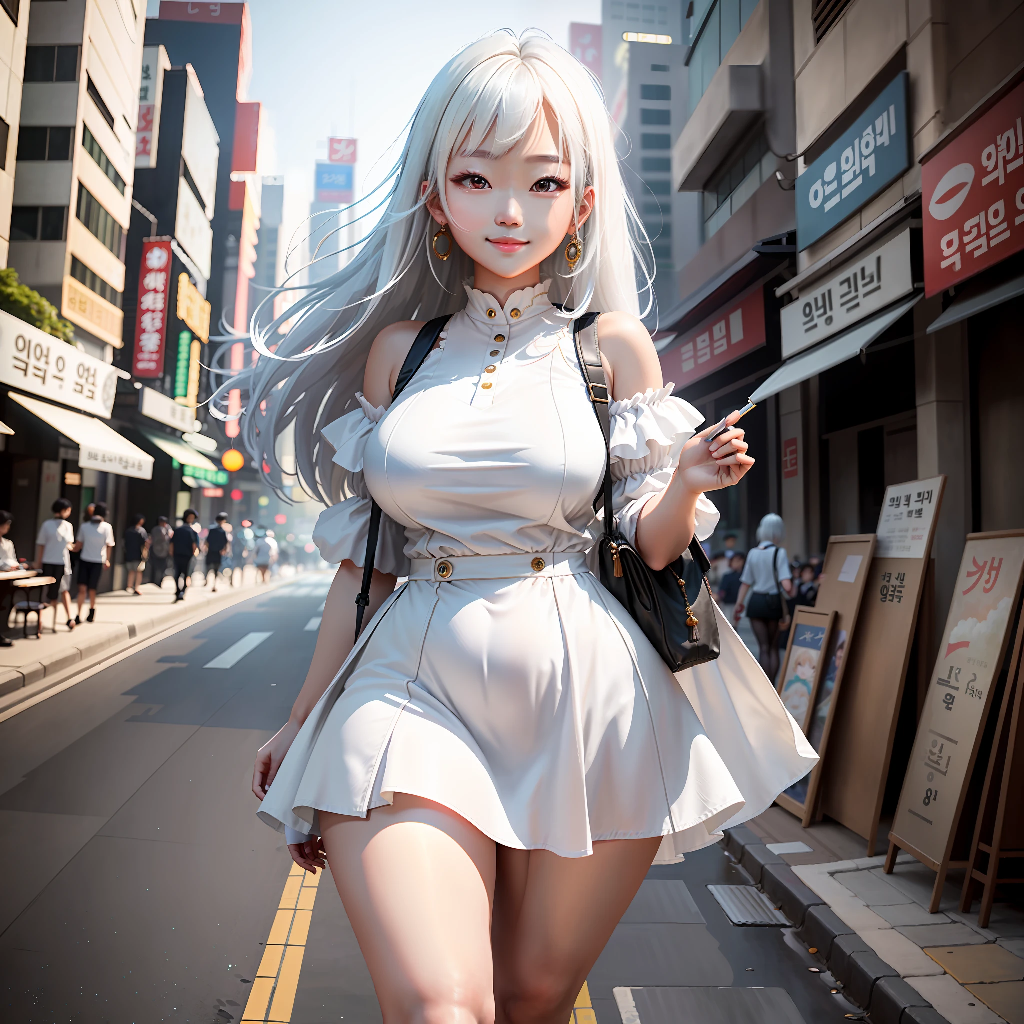 masterpiece, maximum quality, ultra high resolution, 8k, korean girl, full body, detailed face, detailed eyes, shy smile, white hair, wearing a short dress, wide hips, thick thighs, walking the streets of Seoul