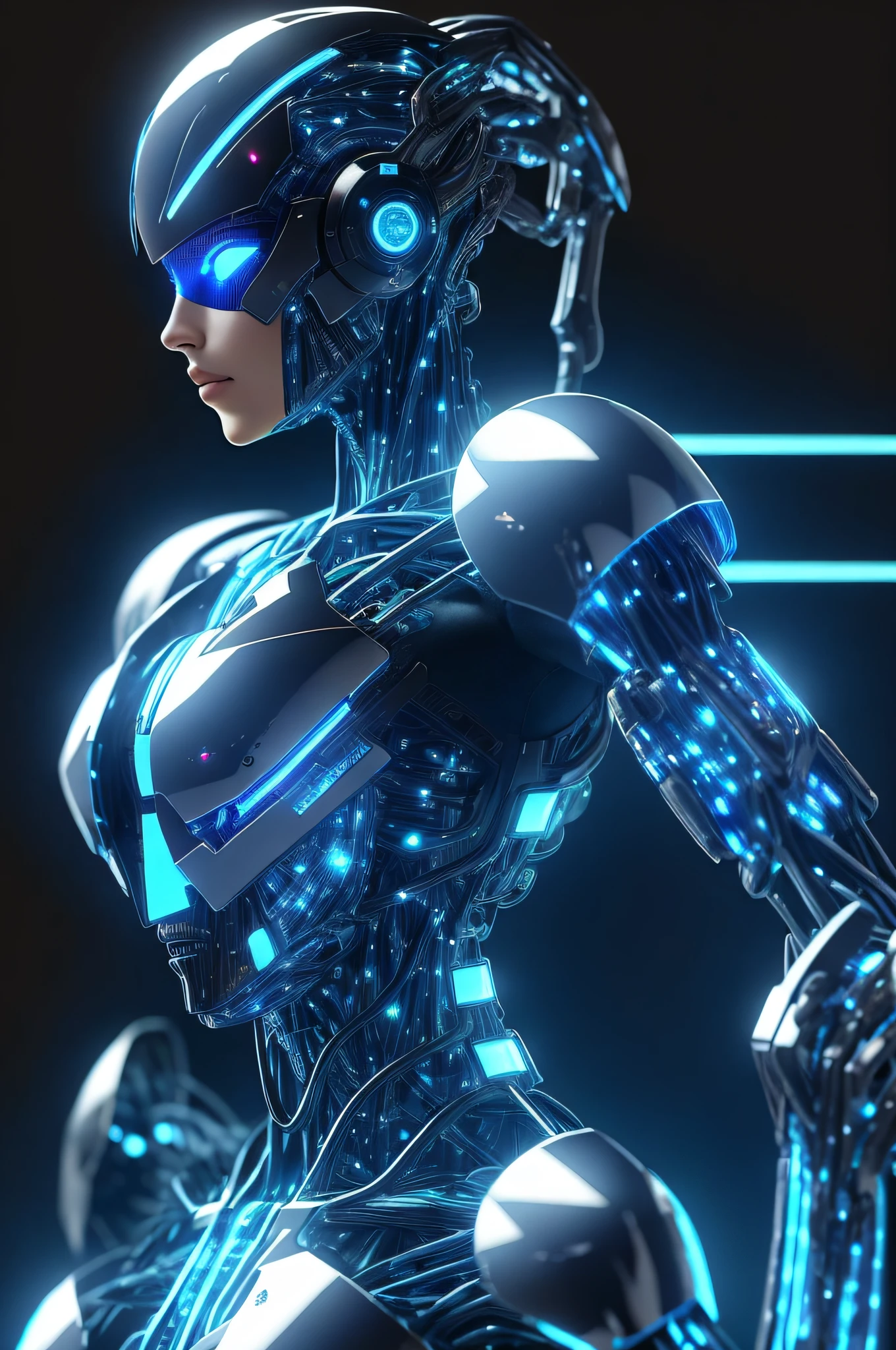 Female, Side portrait, Chrome clothing with blue led, Cybernetic eye, Style sc3PT4