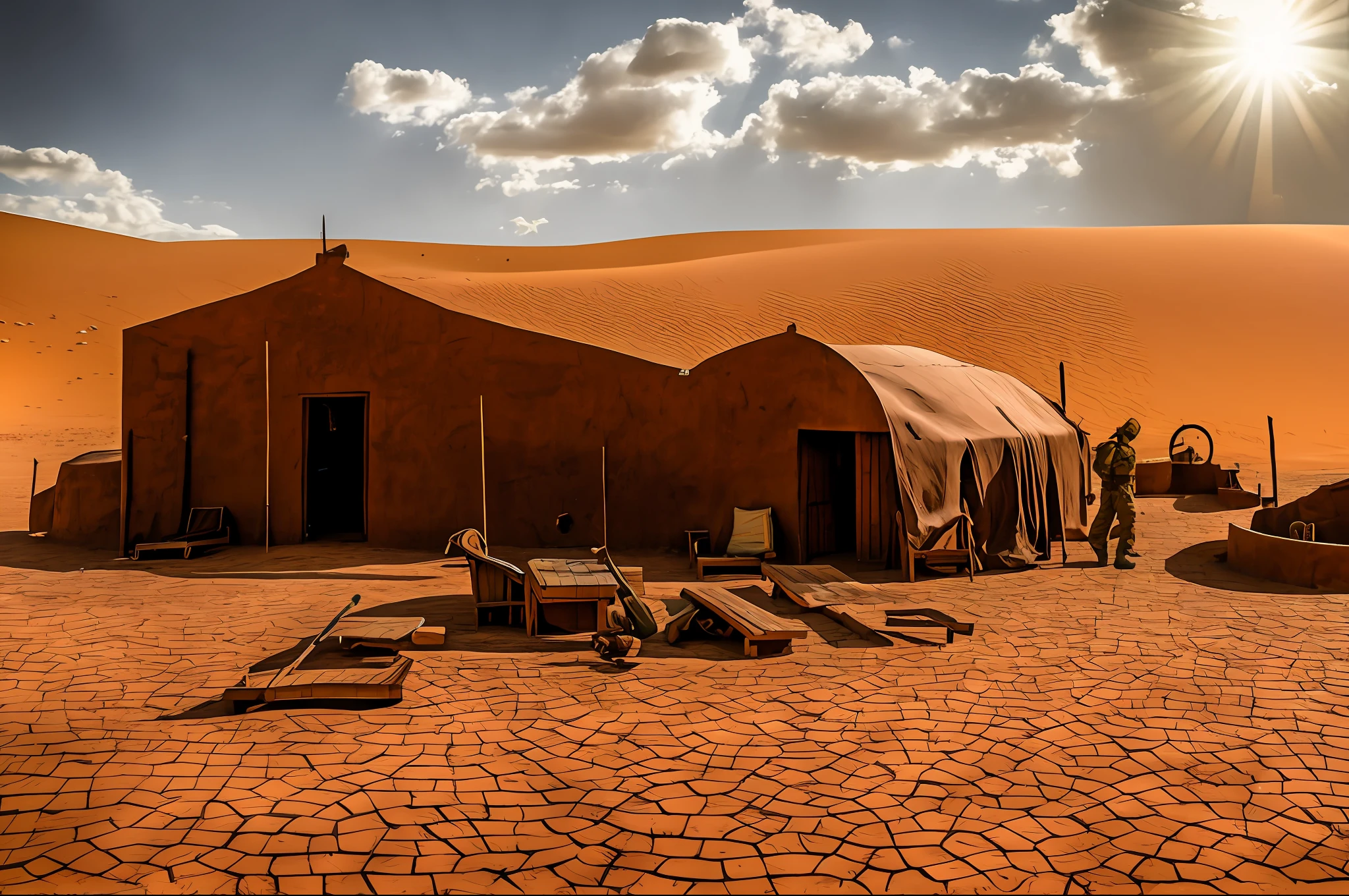 Military marine in the middle of the Sahara desert, wooden garrison, river, volumetric clouds, cactus, salt roof, by phse