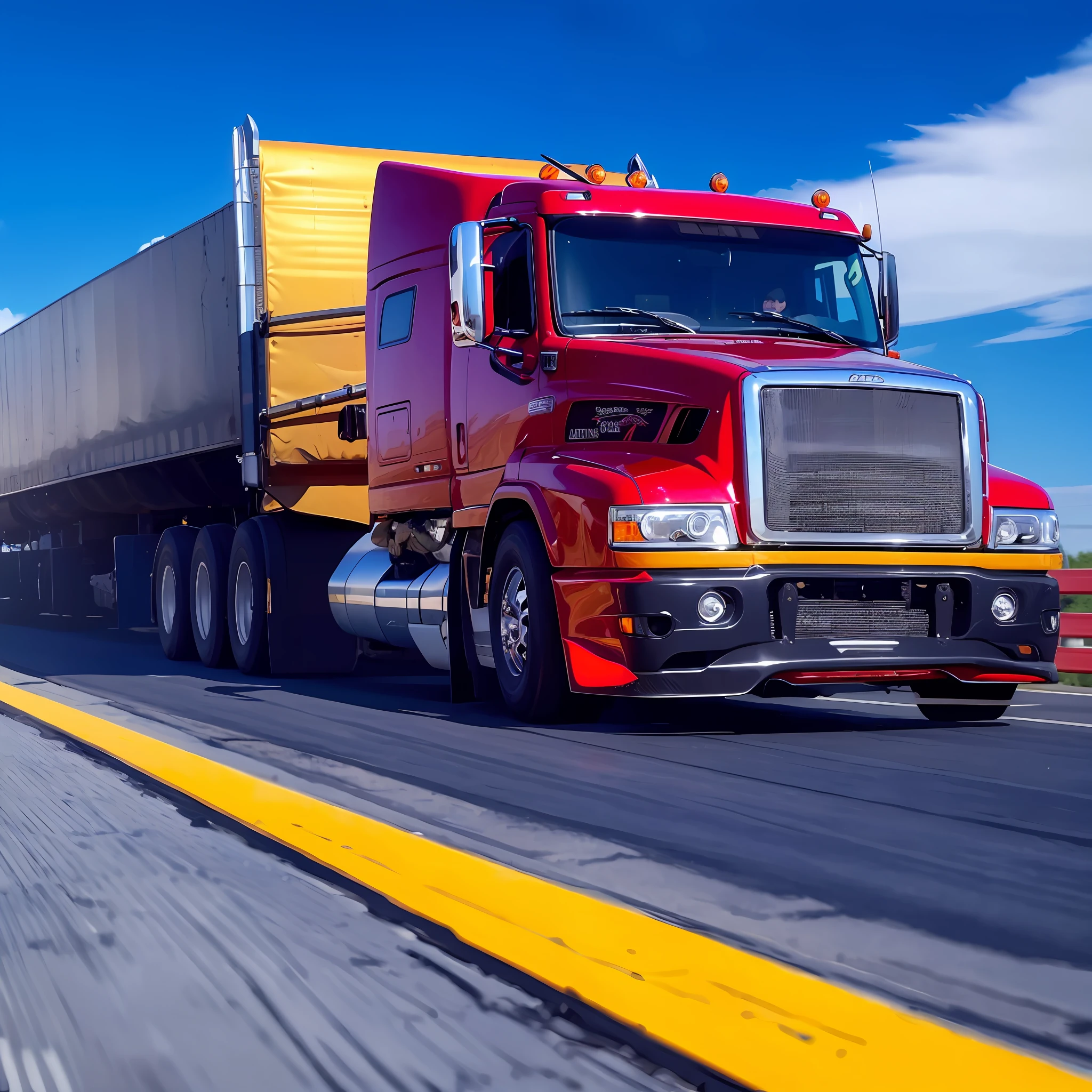 a black colored cargo truck with chrome wheels on a highway, driving fast on a blue sky day