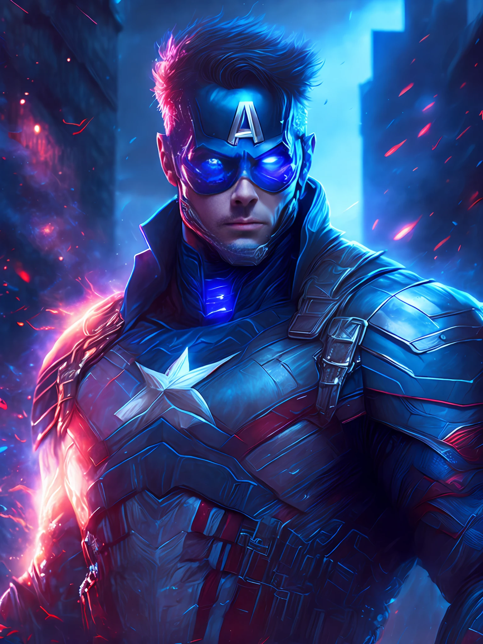 gloomy portrait of Daemon Captain America from Marvel, extremely detailed, futuristic cityscape, nighttime, glowing neon lights, smoke, sparks, metal shavings, flying debris, blue energy effects, volumetric light
