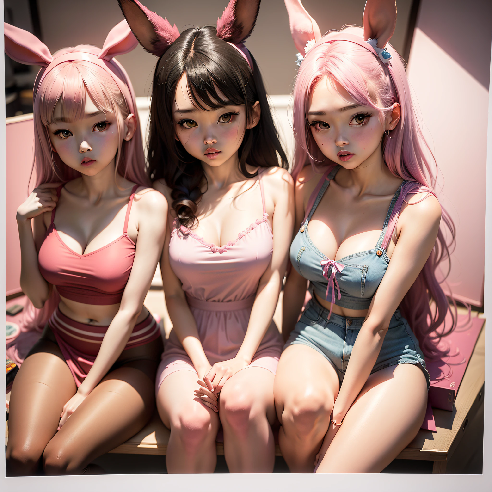 (workmasterpiece) Best quality, polaroid portrait,fast portrait of bunny girl with "Ulzzang" format, three girls, pink background sugar baby style.