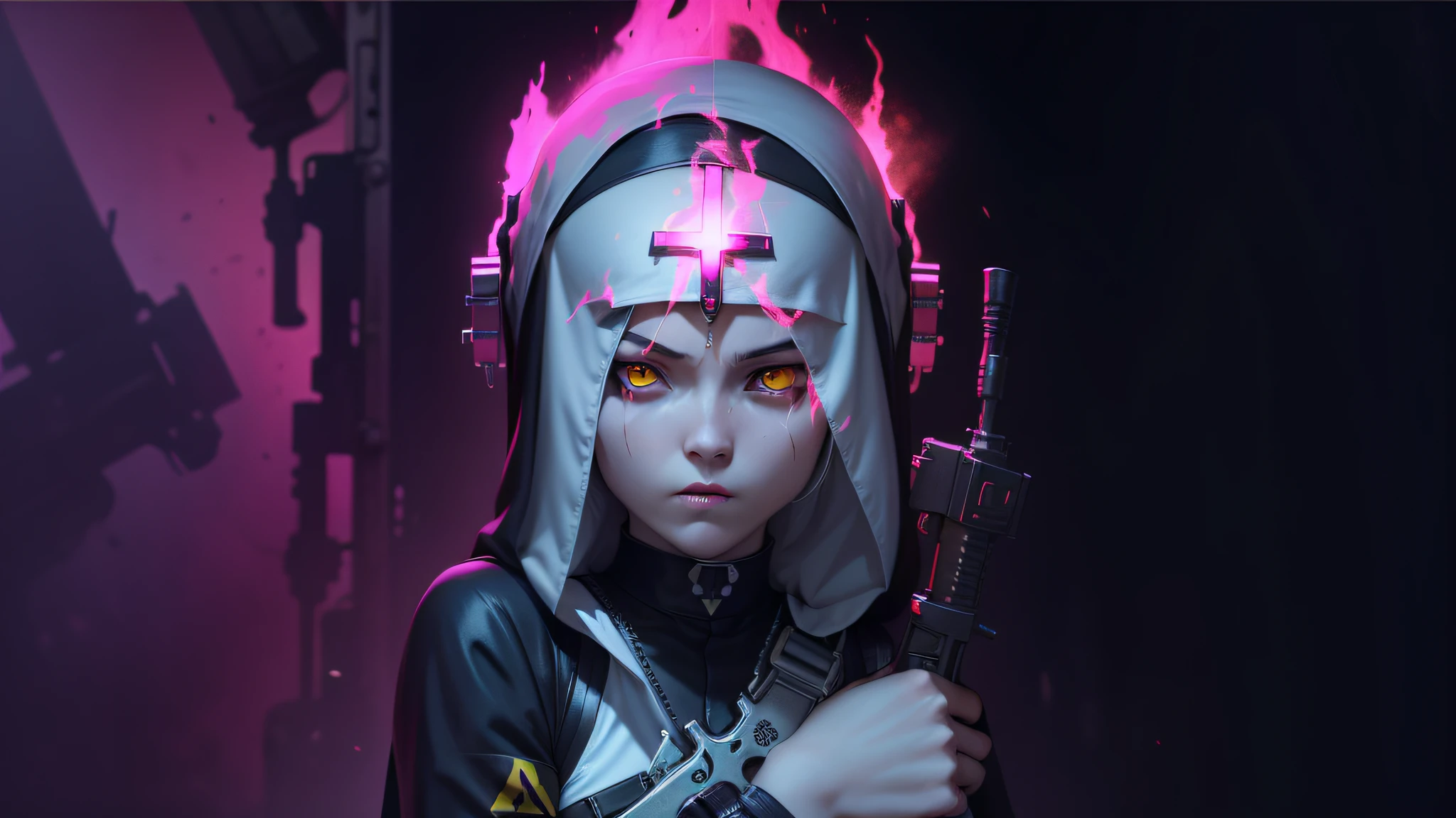 machine gun on the back, machine gun on the bottom, yellow eyes, nun's clothing, cross on the forehead, machinegun, bullets, holding gun --auto --s2