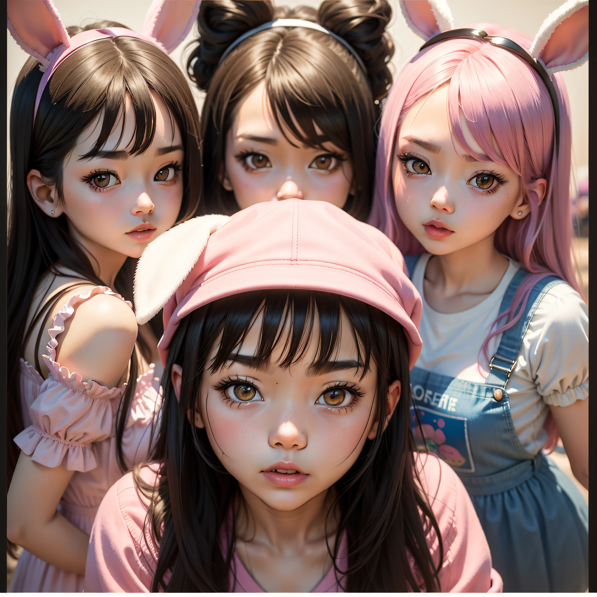 (workmasterpiece) Best quality, polaroid portrait,fast portrait of bunny girl with "Ulzzang" format, three girls, pink background sugar baby style.