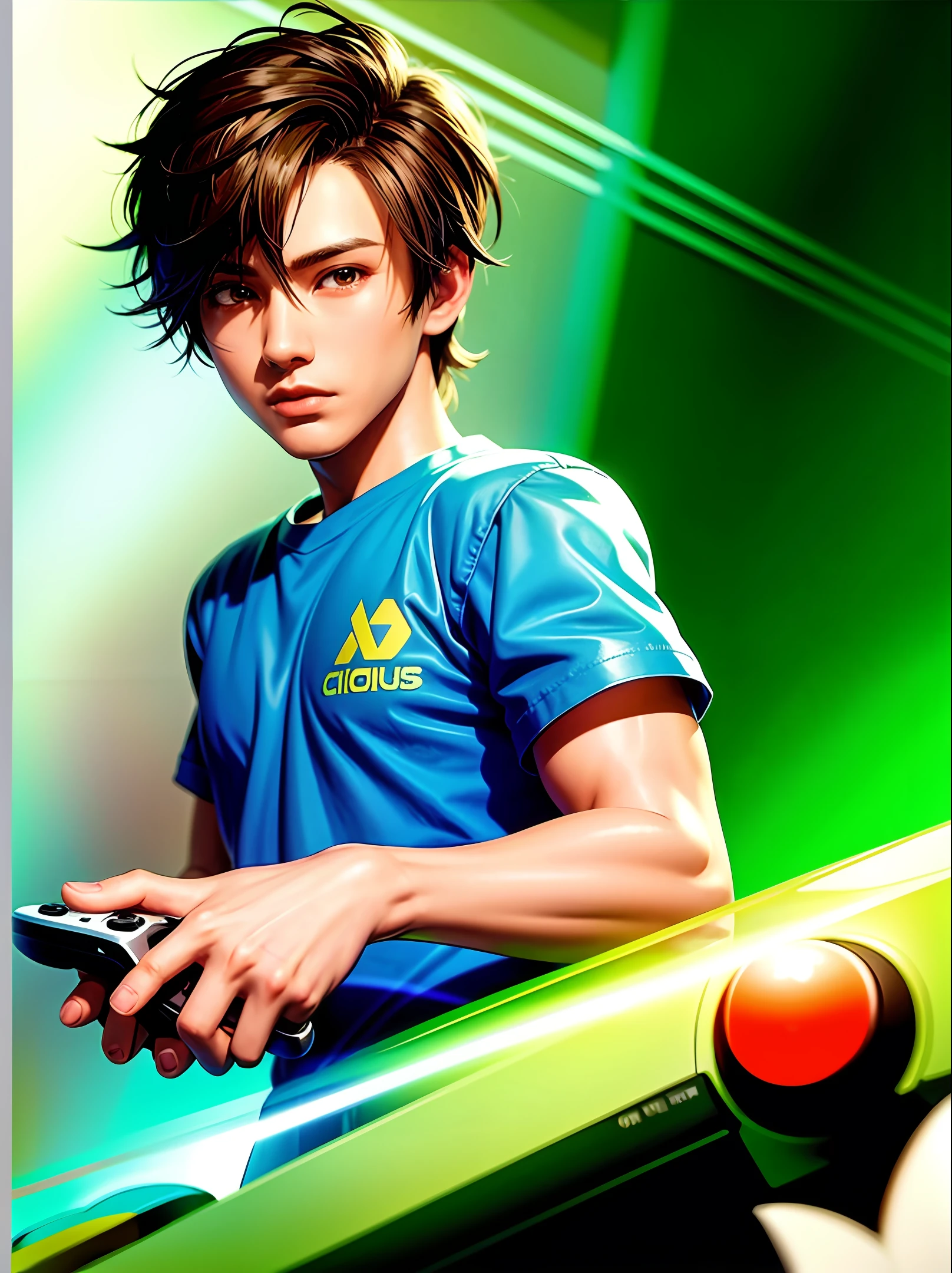 Boy with video game controller in hand television showing game posters on wall 3D realistic neon green on walls