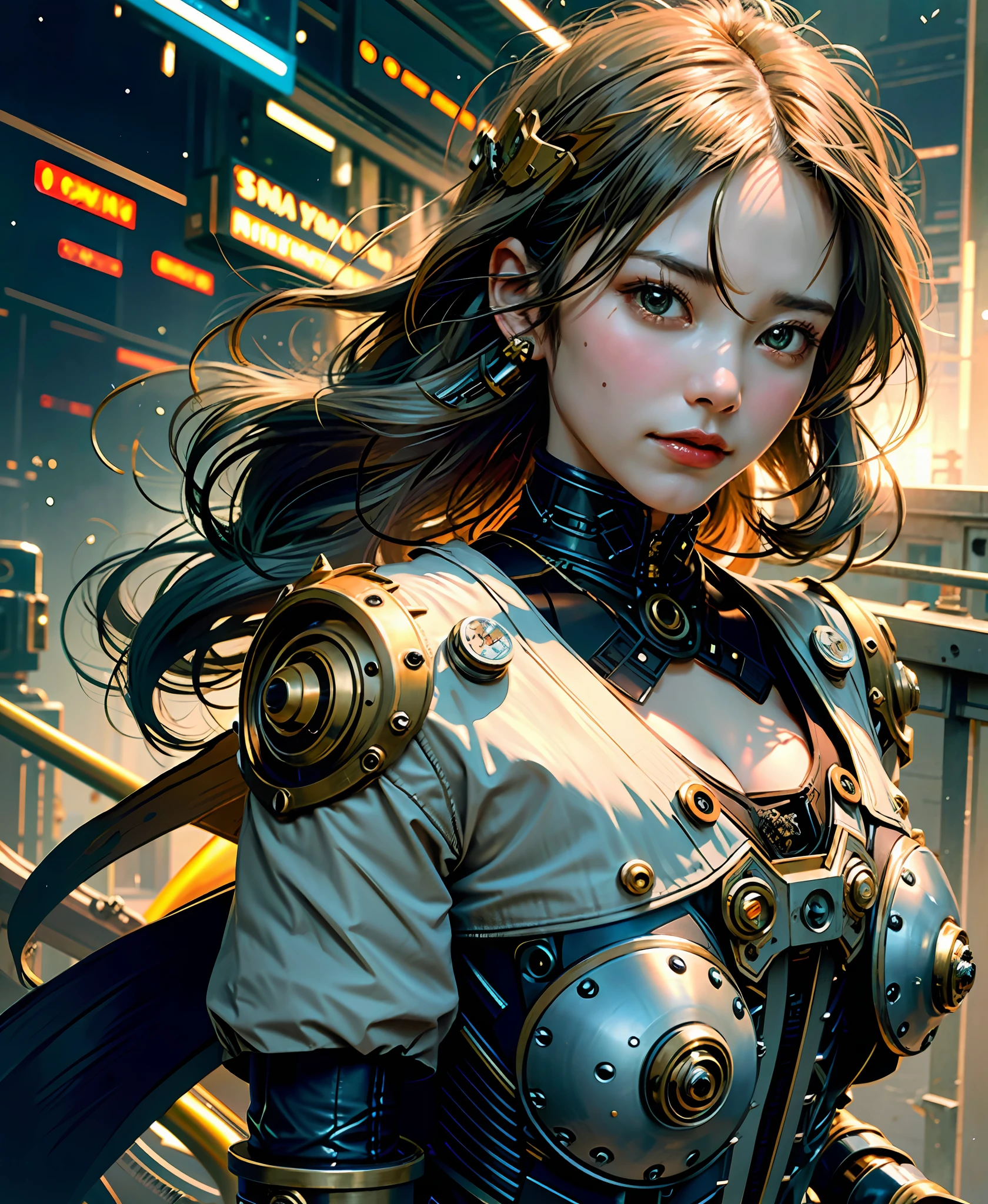 Gray hair, long fluttering hair, strong wind, orange eyes, shining eyes, steampunk girl, big, face, chest and thighs raw, cleavage visible. Photoreal, Portfolio, Fine LED, Golden Metal Mech Suit, Steampunk, Metallic, Fine Decoration, Beautiful Relief, Aggregate of Small Parts, Detailed Mech Parts, Bundle of Thin Tubes, Metal Cylinder, Detailed Neon, Fine LED, Fine Parts, Gears, Meters, Pressure Gauges, Steam