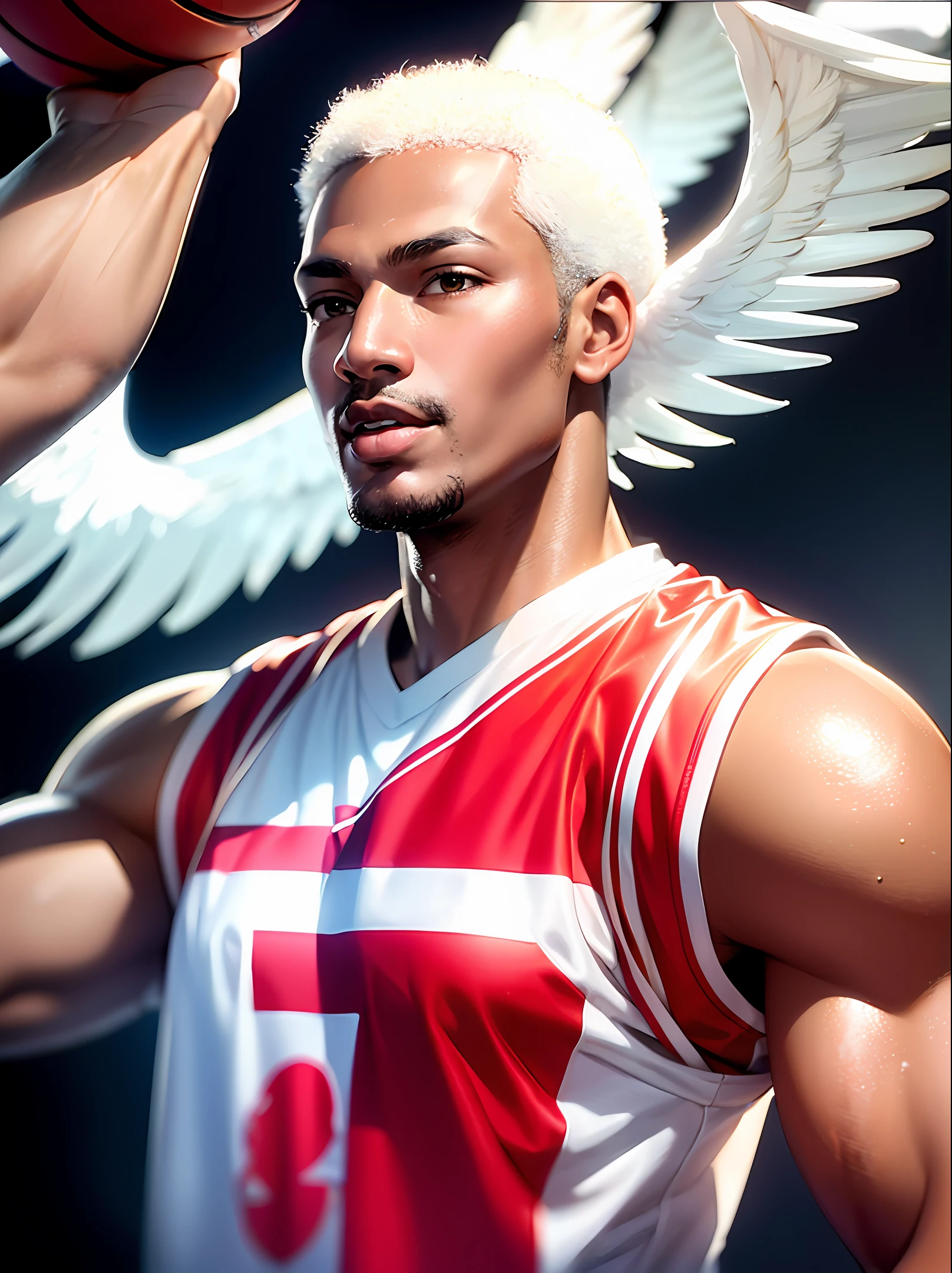 best quality, masterpiece, sport, basketball, NBA, Michael Jordan with wings, white hair, golden eyes, white clothes, looking up, upper body, lock of hair, fair skin, side braids