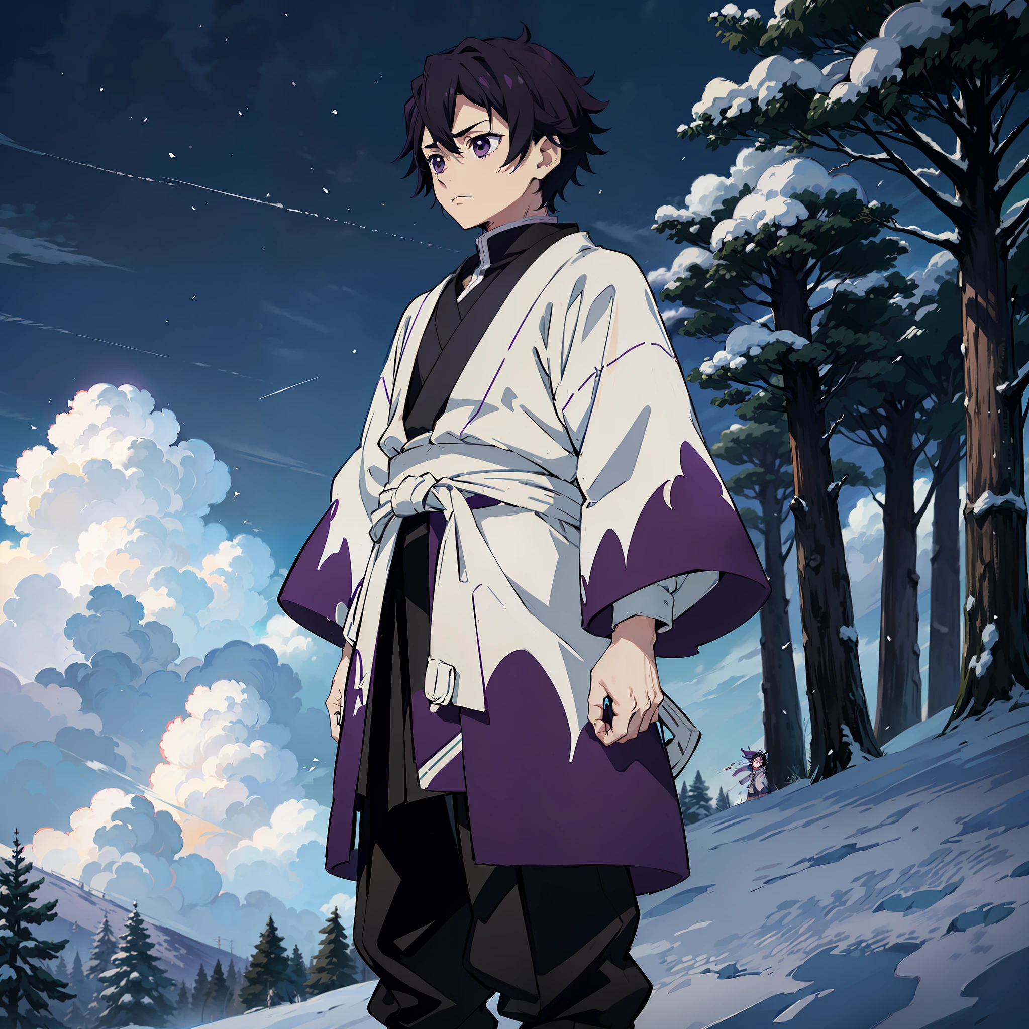 anime, (best quality), boy standing still (young and small), (snowy forest with sunrise), messy black hair (short), ((emotionless gray eyes)), Japanese clothes, open purple coat ((purple with cloud print pattern)), ((a hem at the waist)), demon slayer art, demon slayer artstyle, kimetsu no yaiba