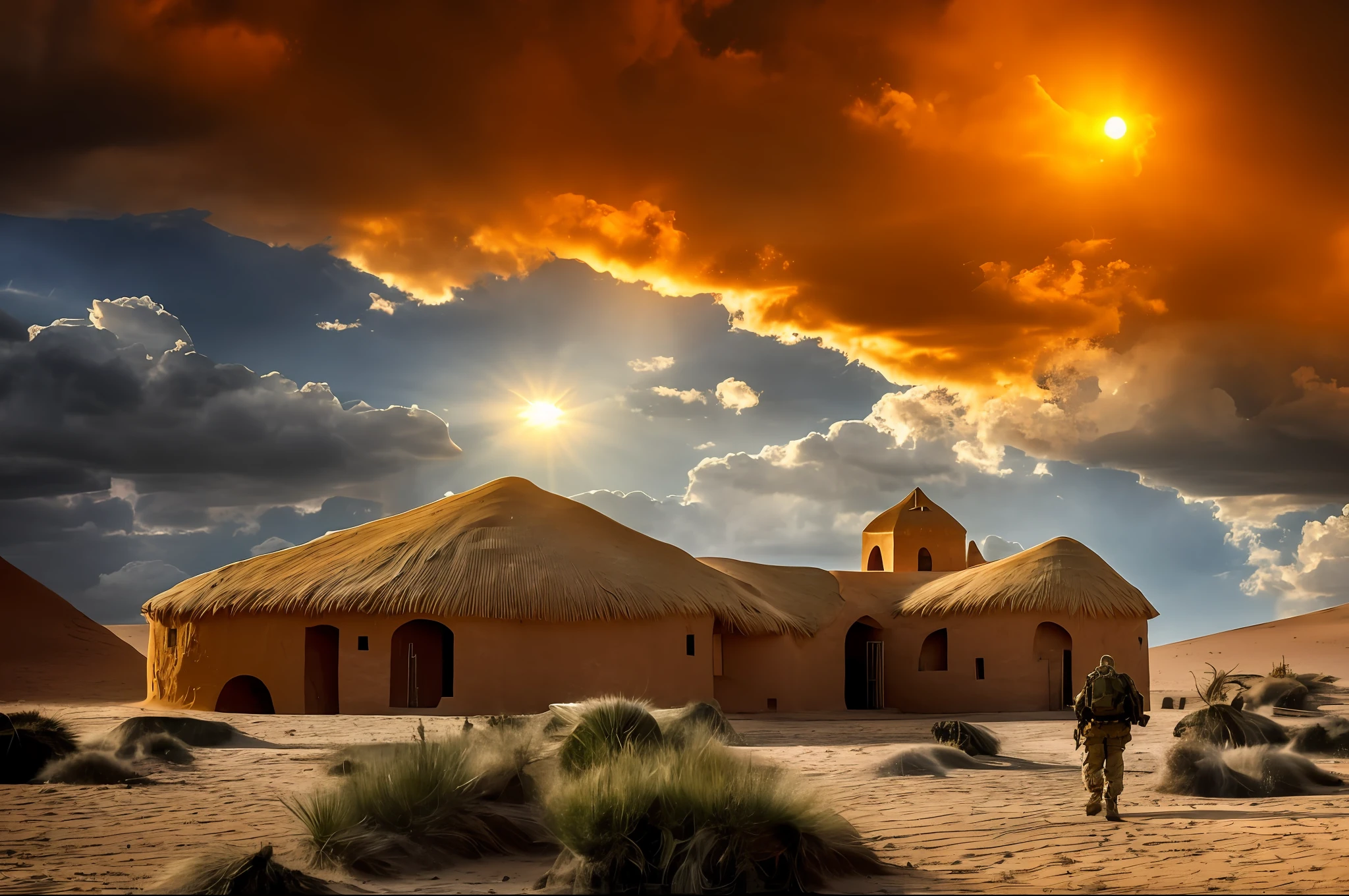 Marine in the middle of the Sahara desert, navy seals, profile photo, river, volumetric clouds, cactus, salt roof, by phse, 8k