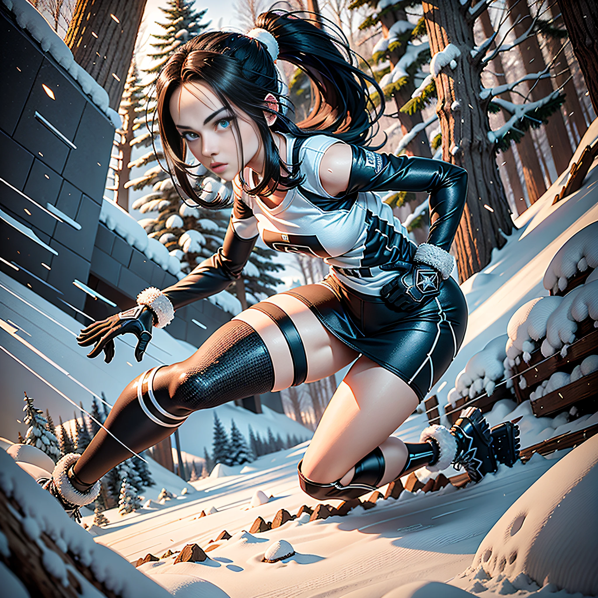 a spruce tree in a winter landscape, T-shirt design, rzminjourney, vector art -- Alita Fighting Machine, skinny. hyperthin. Slim. slender. Alita, delicate feet and designed for the viewer. legs shows her very thin extremely thin, Prospective, movement, whole body, hand projected to the viewer. Dynamic.
