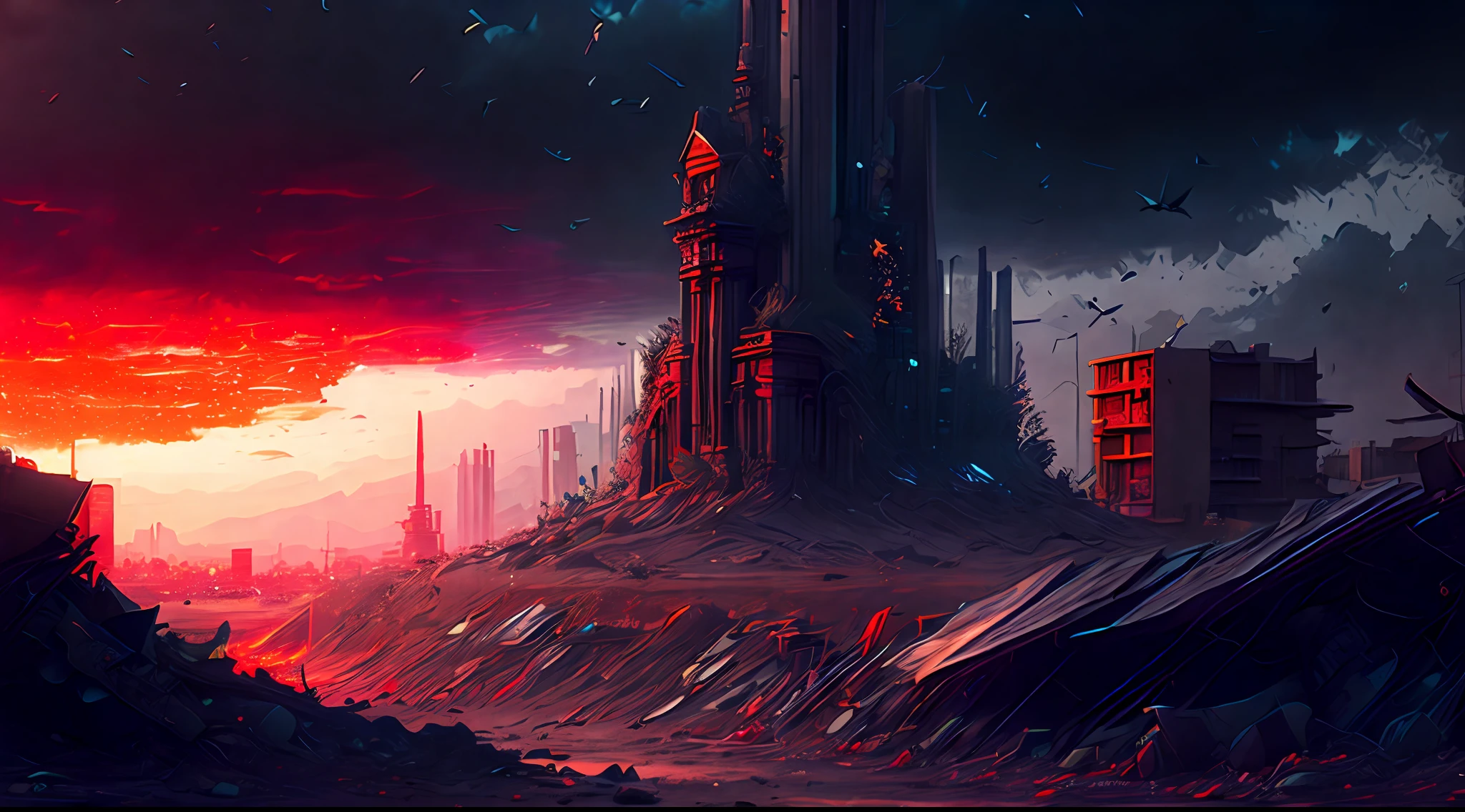 (Best quality),(masterpiece),(ultra detailed),(4k resolution),(extremely detailed) digital art painting of an apocalyptic city, digital art, beautiful illustration, trending on artstation, behance HD, unreal engine