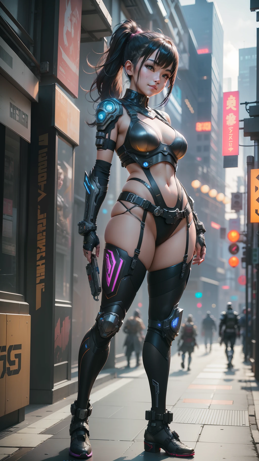 Beautiful hyperrealistic full body photograph of cute smiling asian cyberpunk female, (((wearing cyber-armor, combat harness))) shapeless cyberpunk hairstyle, (dynamic pose), cyberpunk city street background, abstract beauty, near perfection, pure form, Golden Ratio proportions, concept art, By Brian Froud and Carne Griffiths and Wadim Kashin, intricate detail, 8k post-production, High resolution, super Detail, trending on ArtStation, sharp focus, studio photos, intricate detail, Very detailed, By Greg Rutkowski