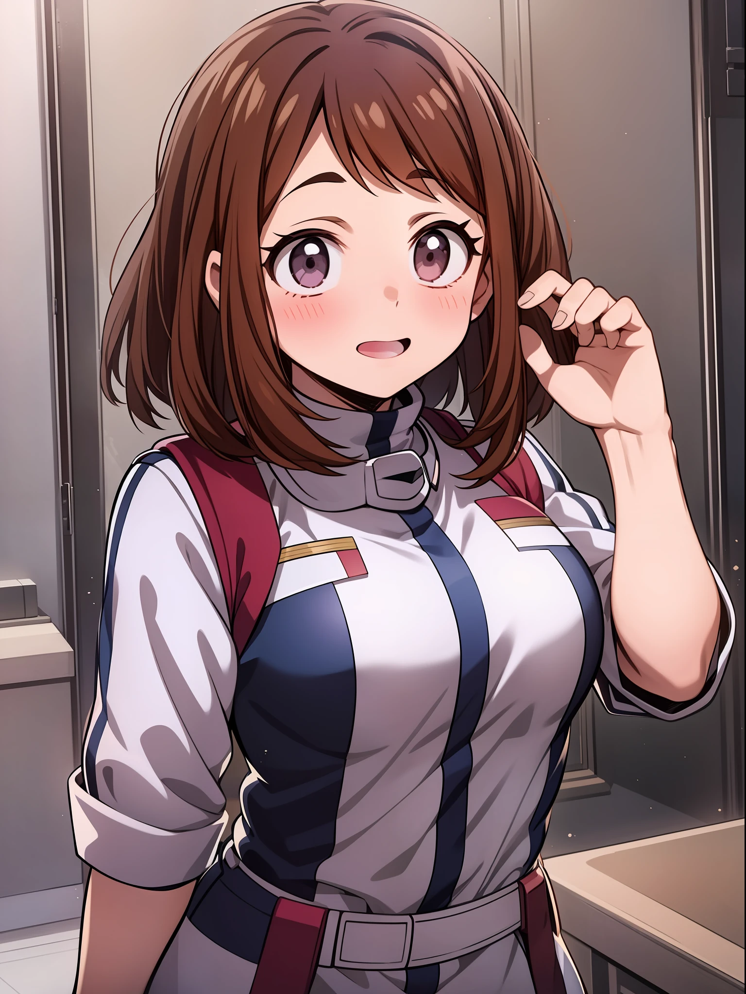 Ochaco Uraraka wearing a uniform, {1/woman} looking at her, nice environment, super detailed, high quality