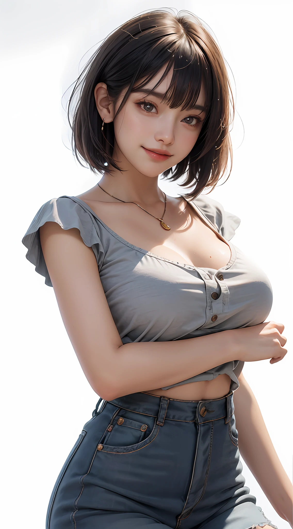 (top quality, 8k, masterpiece: 1.3), pretty woman with perfect figure: 1.4, dark brown hair, big, wearing pendant, torn shorts, highly detailed face and skin, detailed eyes, double eyelids, top quality, masterpiece, (photorealistic: 1.4), one woman, golden ratio, high angle shot, upper look, low angle shot, perfect face, beautiful figure, cute face, Close-up face, zoom in on face, short bob, short hair, smile from different angles, smile, gloss, highlight, gloss, glossy skin, glossy skin, wet skin, wet, bangs, cute smile, teeth, bust, refreshing charm, elegant, perfect hands, smile from angle, smile, shiny, glossy skin, bangs, bust, big, refreshing charm, ears, gaze to camera, Various angle poses, masterpiece, top quality, (fidelity, fidelity: 1.37), 8k, very sleek beautiful, stunning, fine detail, ridiculous, huge file size, very detailed, beautiful detailed woman, very detailed eyes and face, beautiful detailed eyes, clear double, big eyes, light on face, nsfw, woman alone, gray hair, (perfect female figure), thin waist, (charming monkey: 1), full body, big, big breasts, standing, uniform, plaid skirt, collared shirt, bare arms, abdomen, unbuttoned, bangs, short bob hair, skin luster, female expression, smiling, overwhelming charm, ears out, no lights, white background, light background