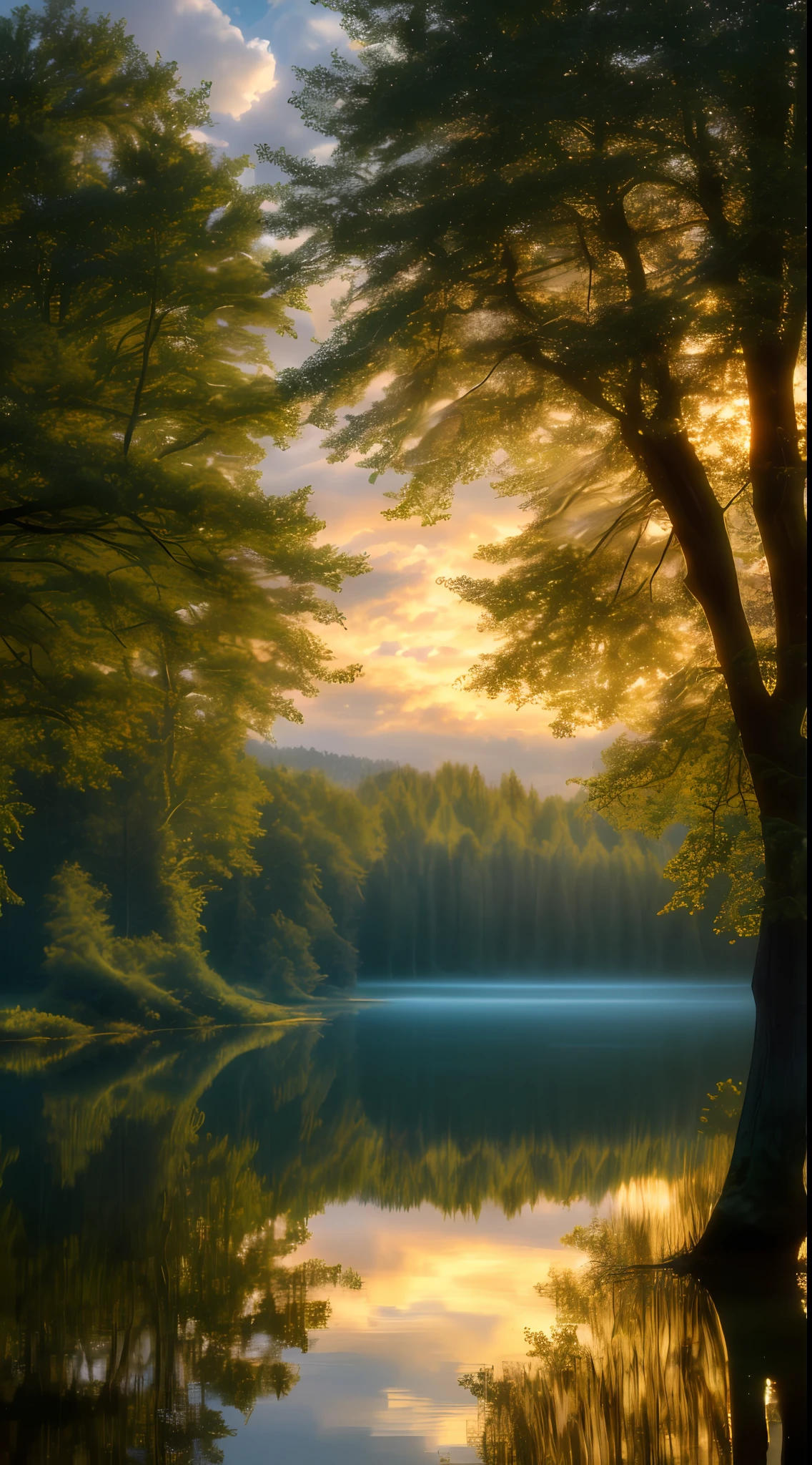 wallpaper, summer, lake, dawn, forest, detailed forest, clouds, masterpiece, cinematic, soft light, depth of field, ray tracing, reflection in water, realism, ulra detailed,