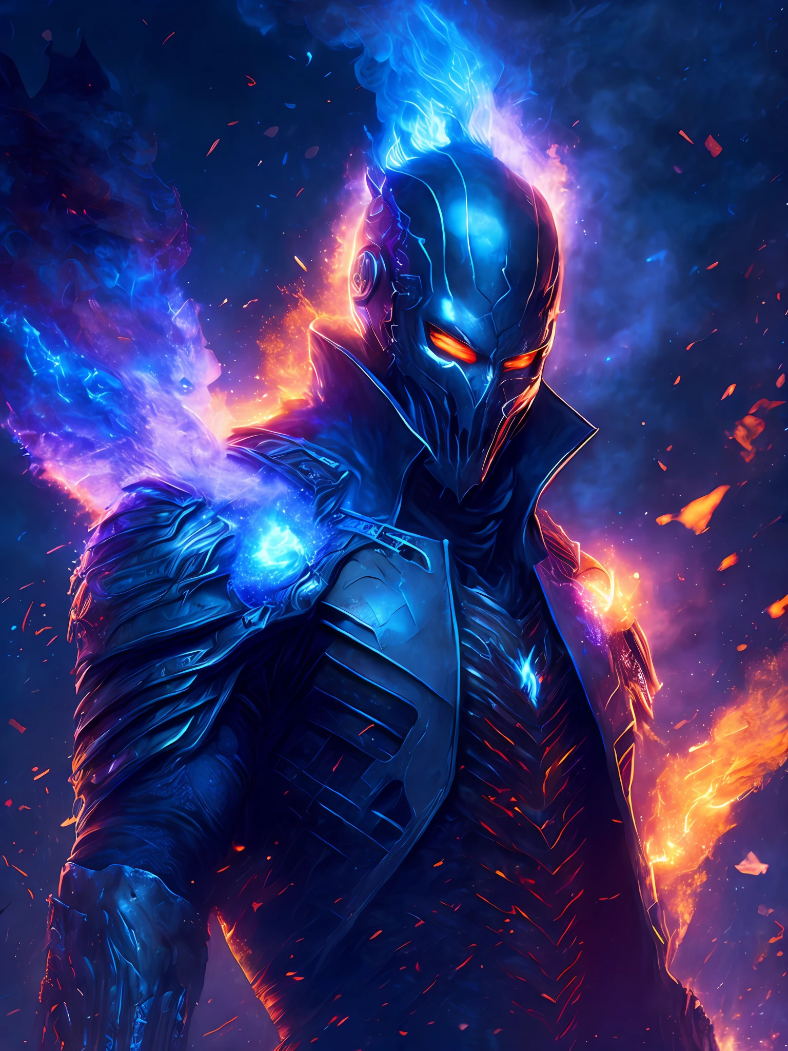 gloomy portrait of Daemon Ghost Rider from Marvel, extremely detailed, futuristic cityscape, nighttime, glowing neon lights, smoke, sparks, metal shavings, flying debris, blue energy effects, volumetric light