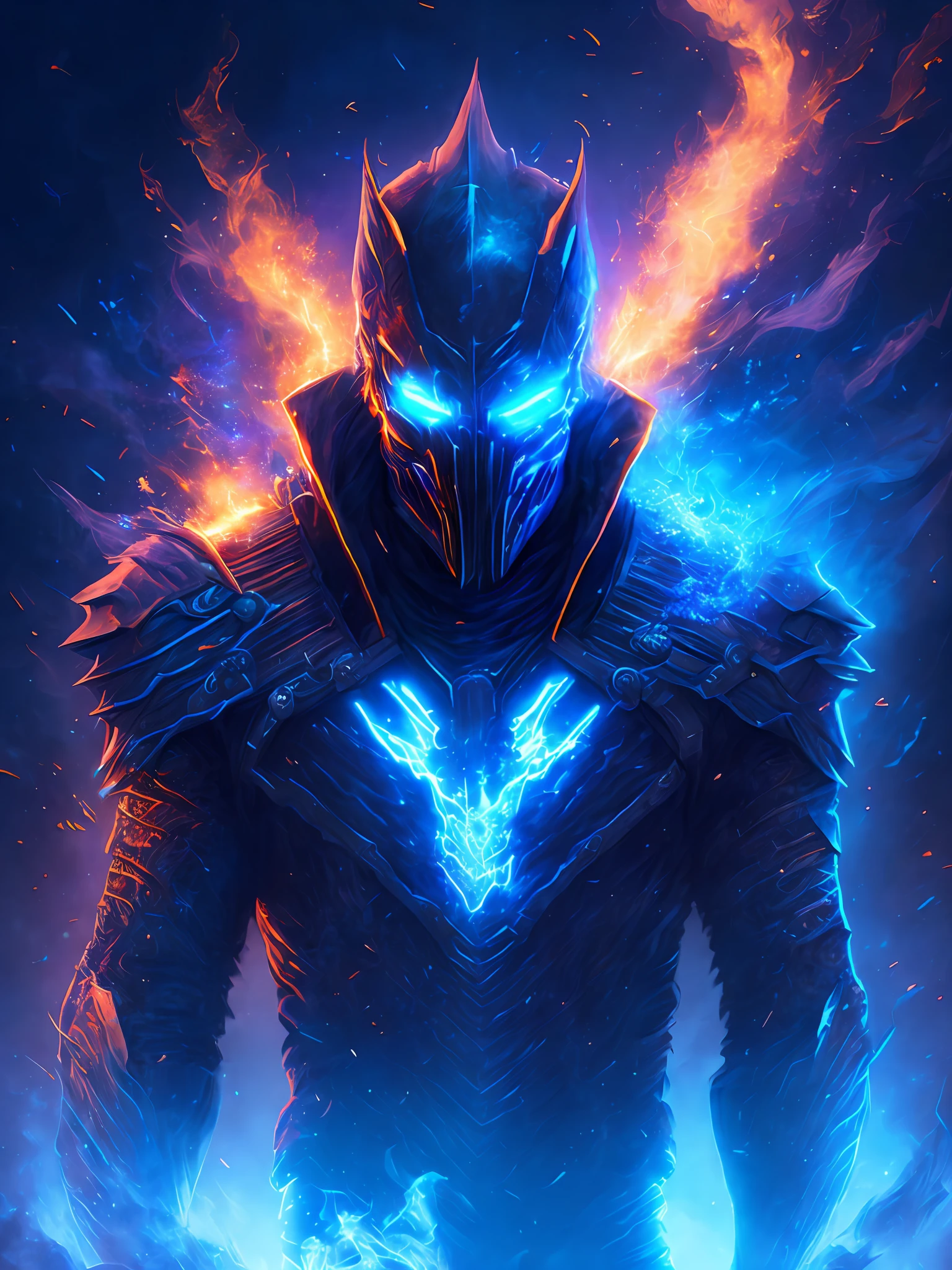 gloomy portrait of Daemon Ghost Rider from Marvel, extremely detailed, futuristic cityscape, nighttime, glowing neon lights, smoke, sparks, metal shavings, flying debris, blue energy effects, volumetric light