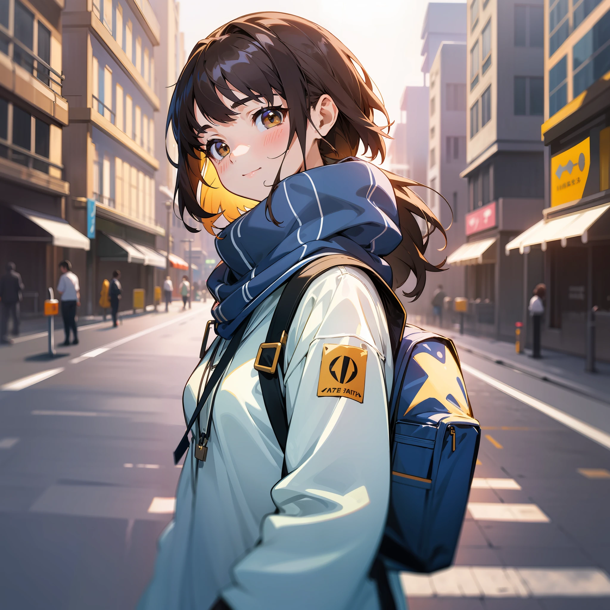 an anime girl with backpack on street, in the style of realistic depiction of light, delicate portraits, cute and dreamy, light navy and brown, makoto shinkhai, shiny/glossy, joyful and optimistic --ar 91:51 --niji 5