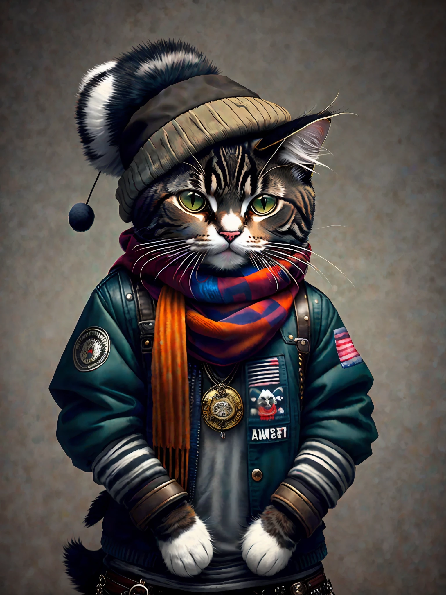 photo of a cat wearing a hat and scarf, trendy Art Station, dressed in punk clothes, hyper realistic detailed rendering, British gang member, urban style, intimidating pose, planet of cats, trendy clothes, urban samurai, meow, West Slavic traits, 8 1 5