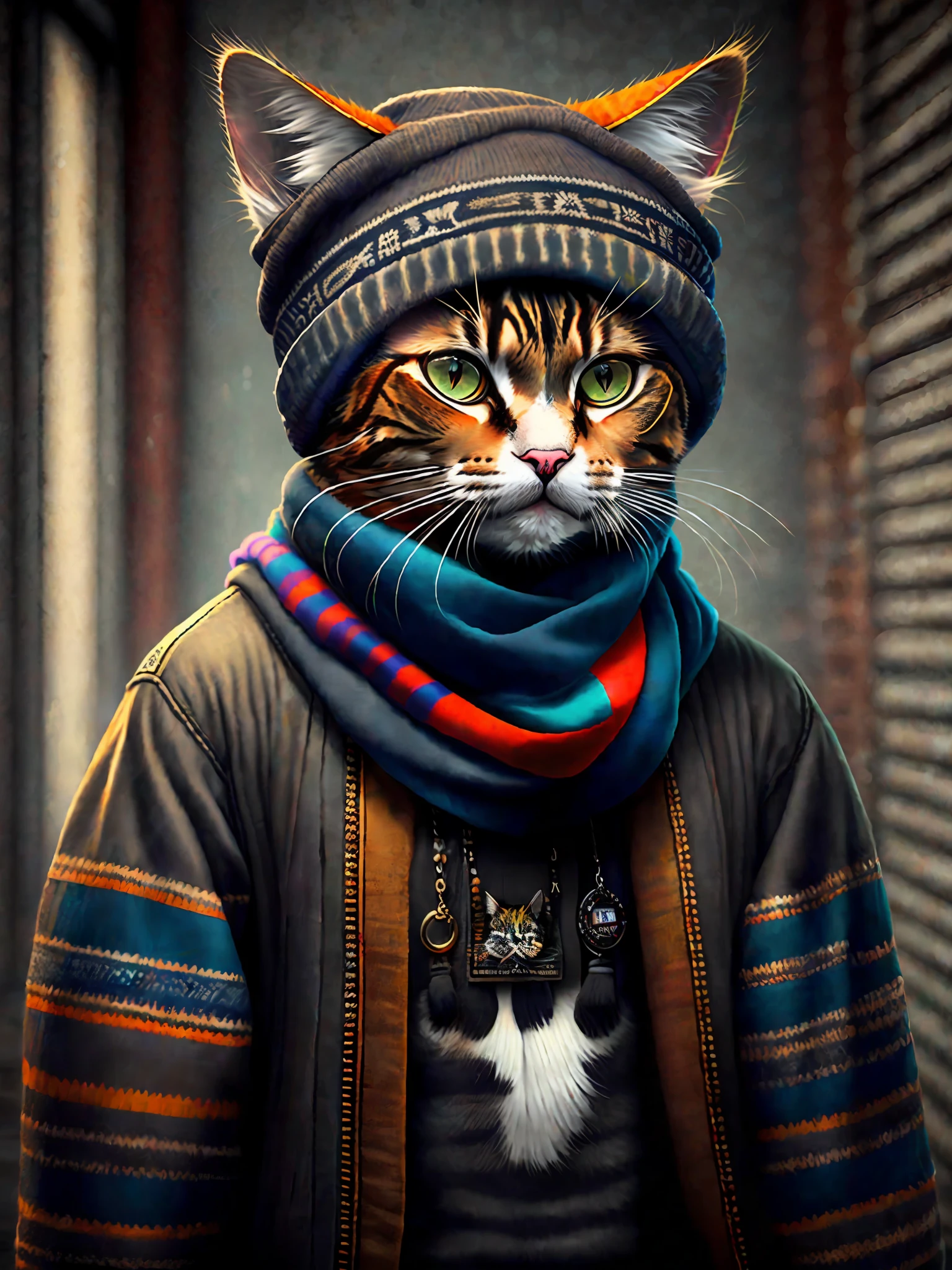 photo of a cat wearing a hat and scarf, trendy Art Station, dressed in punk clothes, hyper realistic detailed rendering, British gang member, urban style, intimidating pose, planet of cats, trendy clothes, urban samurai, meow, West Slavic traits, 8 1 5