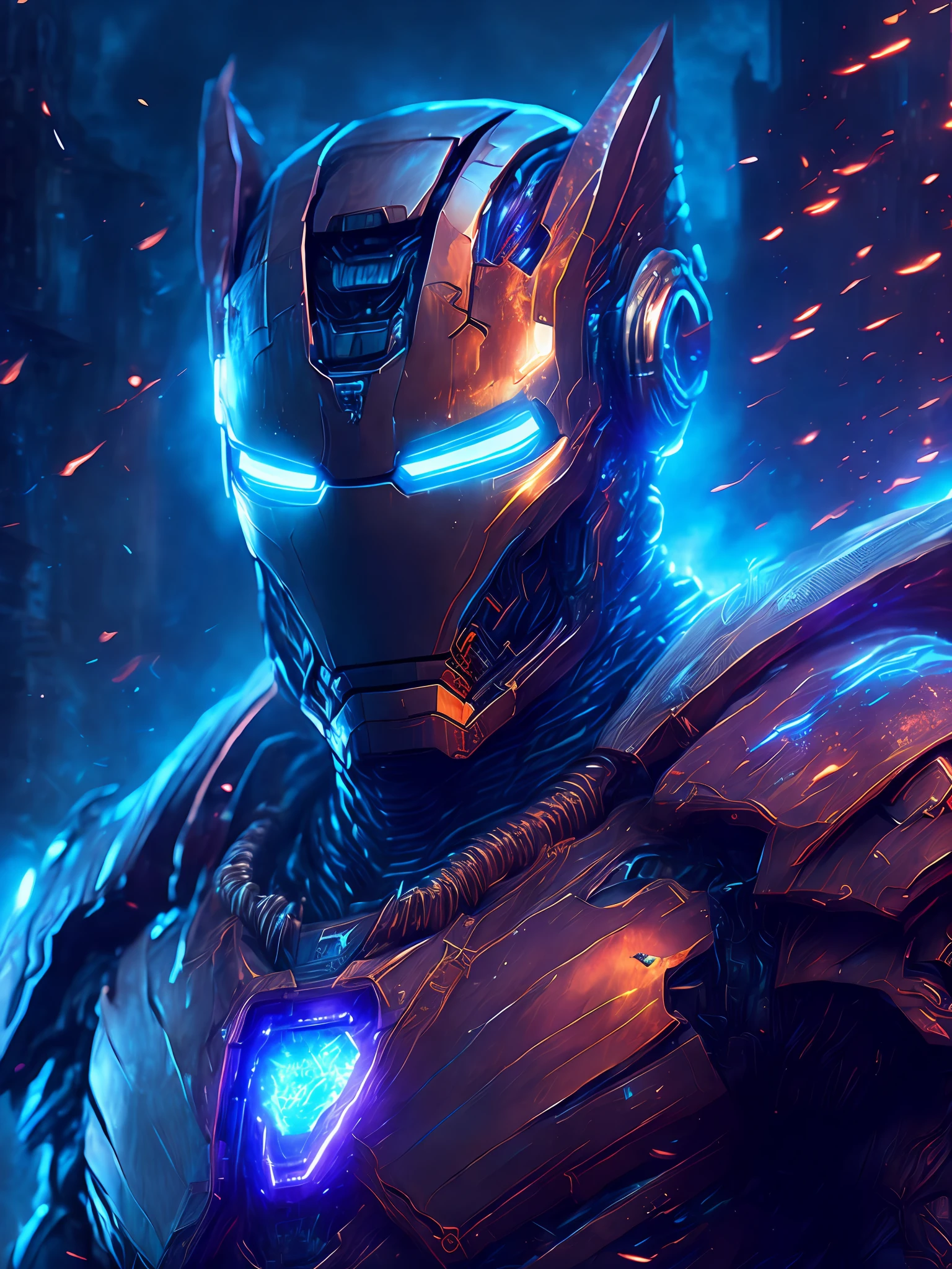 gloomy portrait of Daemon Iron Man from Marvel, extremely detailed, futuristic cityscape, nighttime, glowing neon lights, smoke, sparks, metal shavings, flying debris, blue energy effects, volumetric light