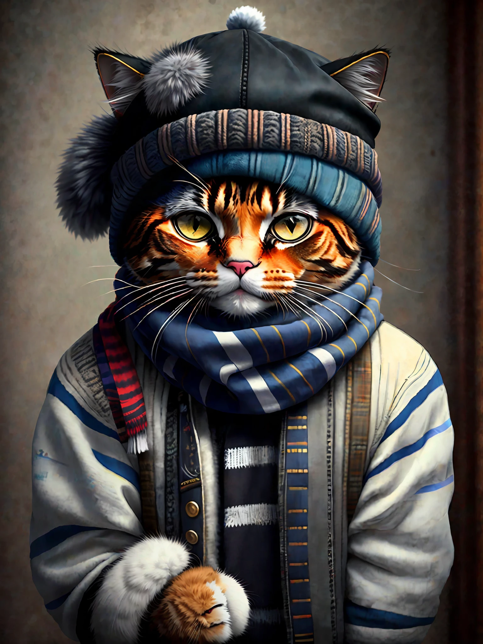 photo of a cat wearing a hat and scarf, trendy Art Station, dressed in punk clothes, hyper realistic detailed rendering, British gang member, urban style, intimidating pose, planet of cats, trendy clothes, urban samurai, meow, West Slavic traits, 8 1 5