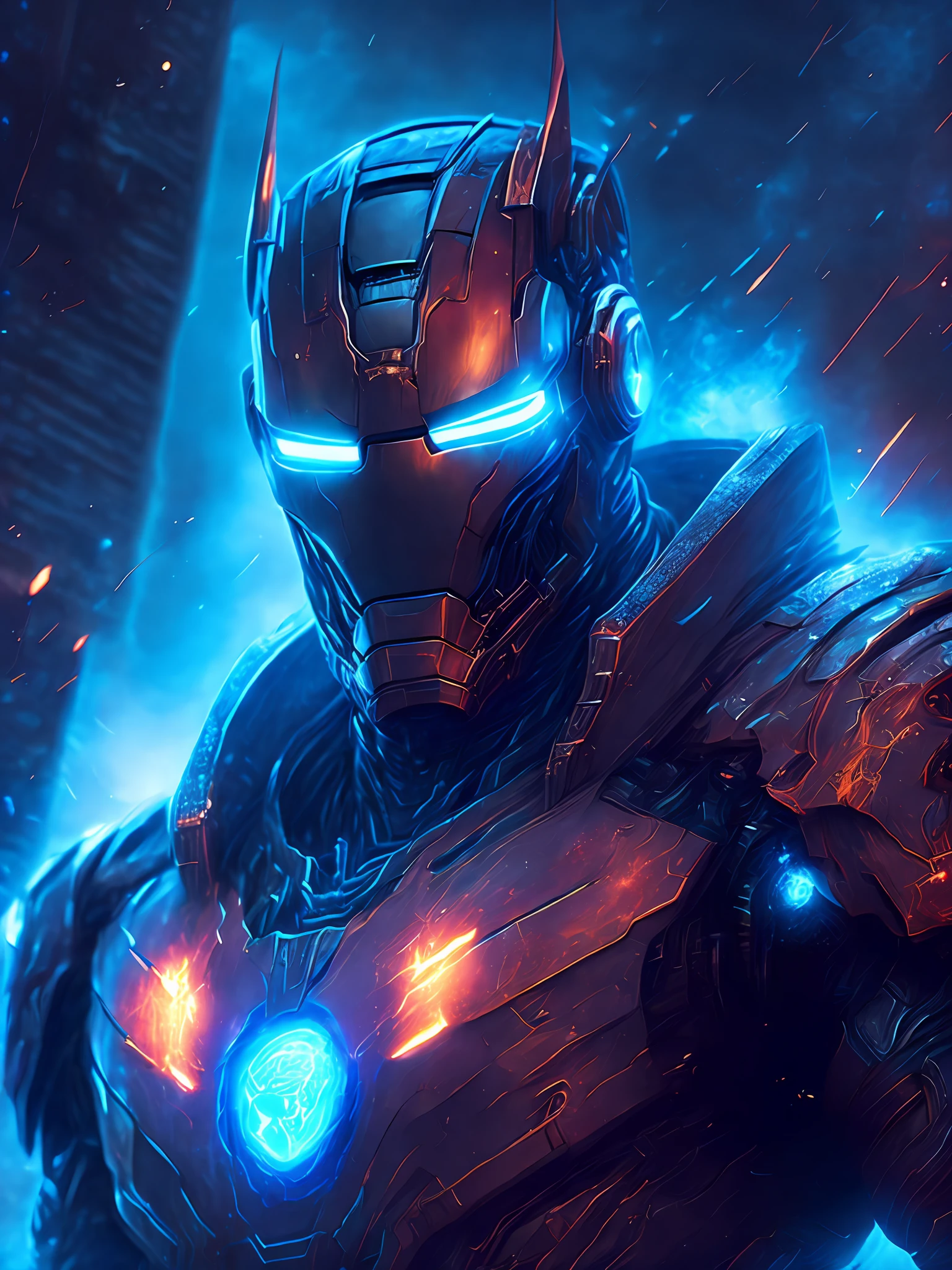 gloomy portrait of Daemon Iron Man from Marvel, extremely detailed, futuristic cityscape, nighttime, glowing neon lights, smoke, sparks, metal shavings, flying debris, blue energy effects, volumetric light
