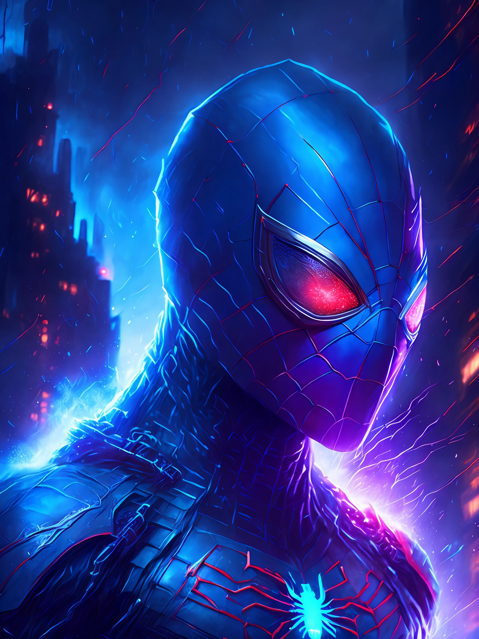 gloomy portrait of Daemon Spider-Man from Marvel, extremely detailed, futuristic cityscape, nighttime, glowing neon lights, smoke, sparks, metal shavings, flying debris, blue energy effects, volumetric light