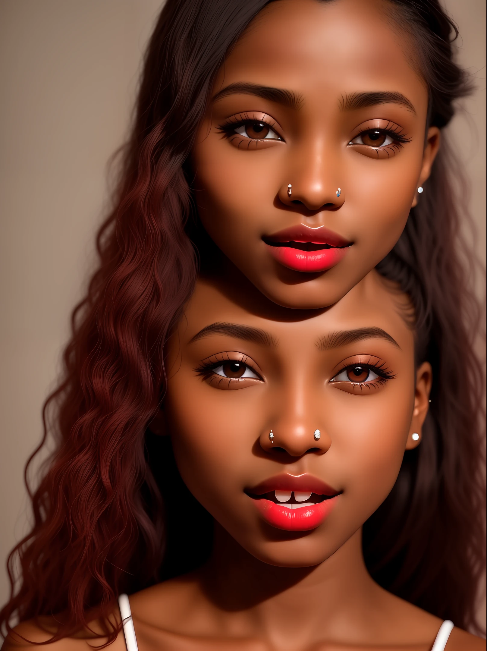 A girl with reddened lips, brown skin, nose piercing, sticking out her tongue as she blinks one eye and the other doesn't