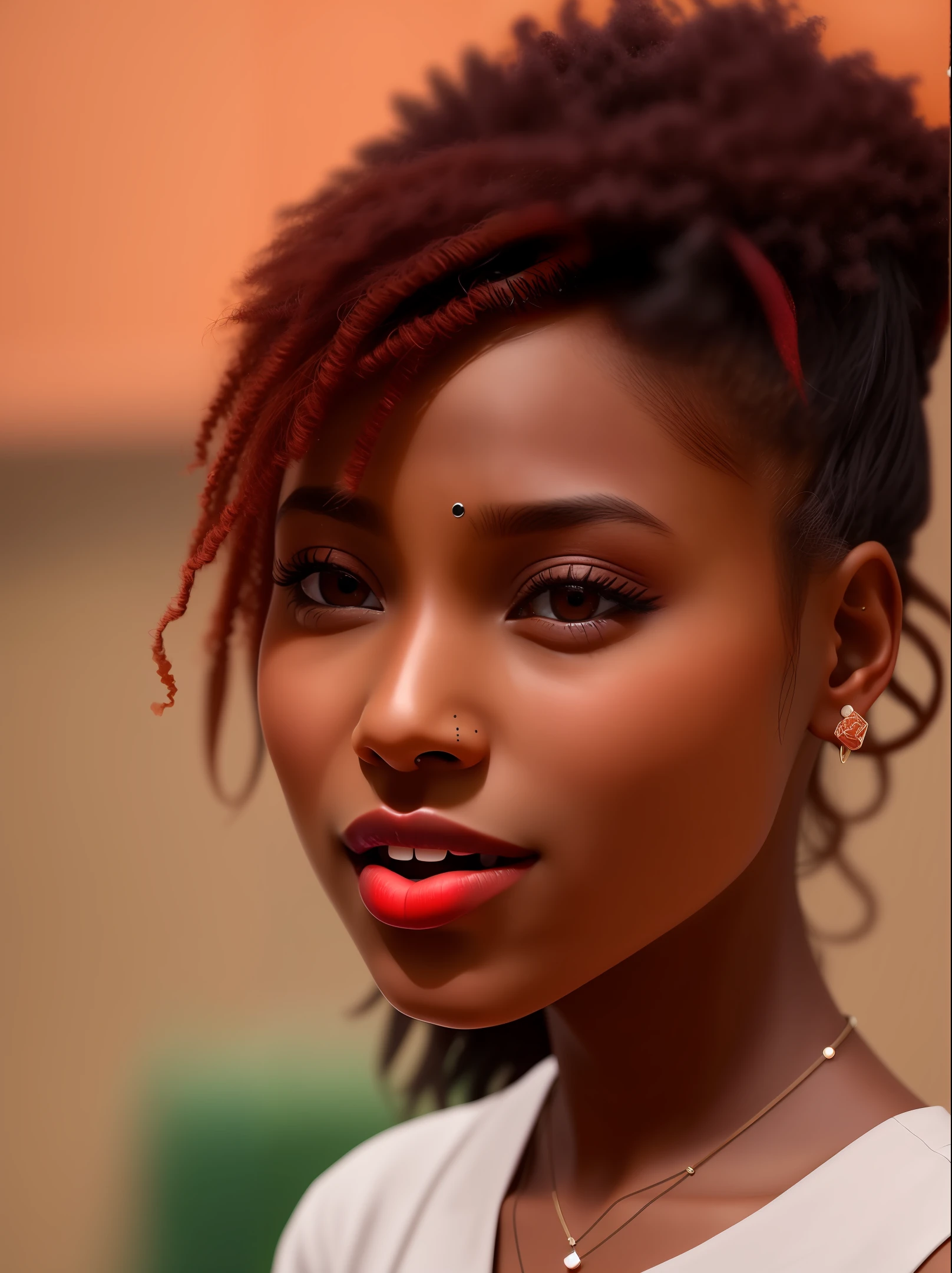 A girl with reddened lips, brown skin, nose piercing, sticking out her tongue as she blinks one eye and the other doesn't