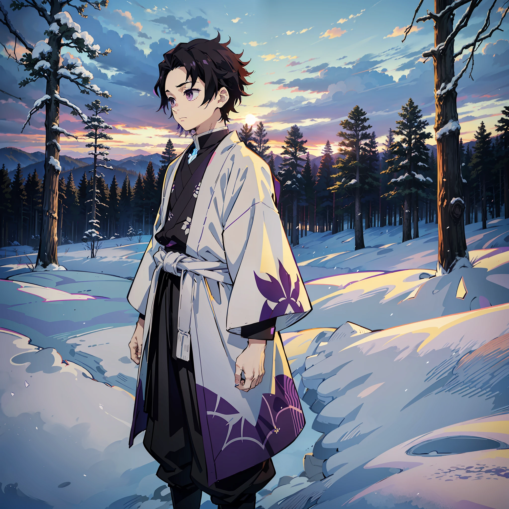 anime, (best quality), boy standing still (young and small), (snowy forest with sunrise), messy black hair (short), ((emotionless gray eyes)), Japanese clothes, open purple coat ((purple with cloud print pattern)), ((a hem at the waist)), demon slayer art, demon slayer artstyle, kimetsu no yaiba