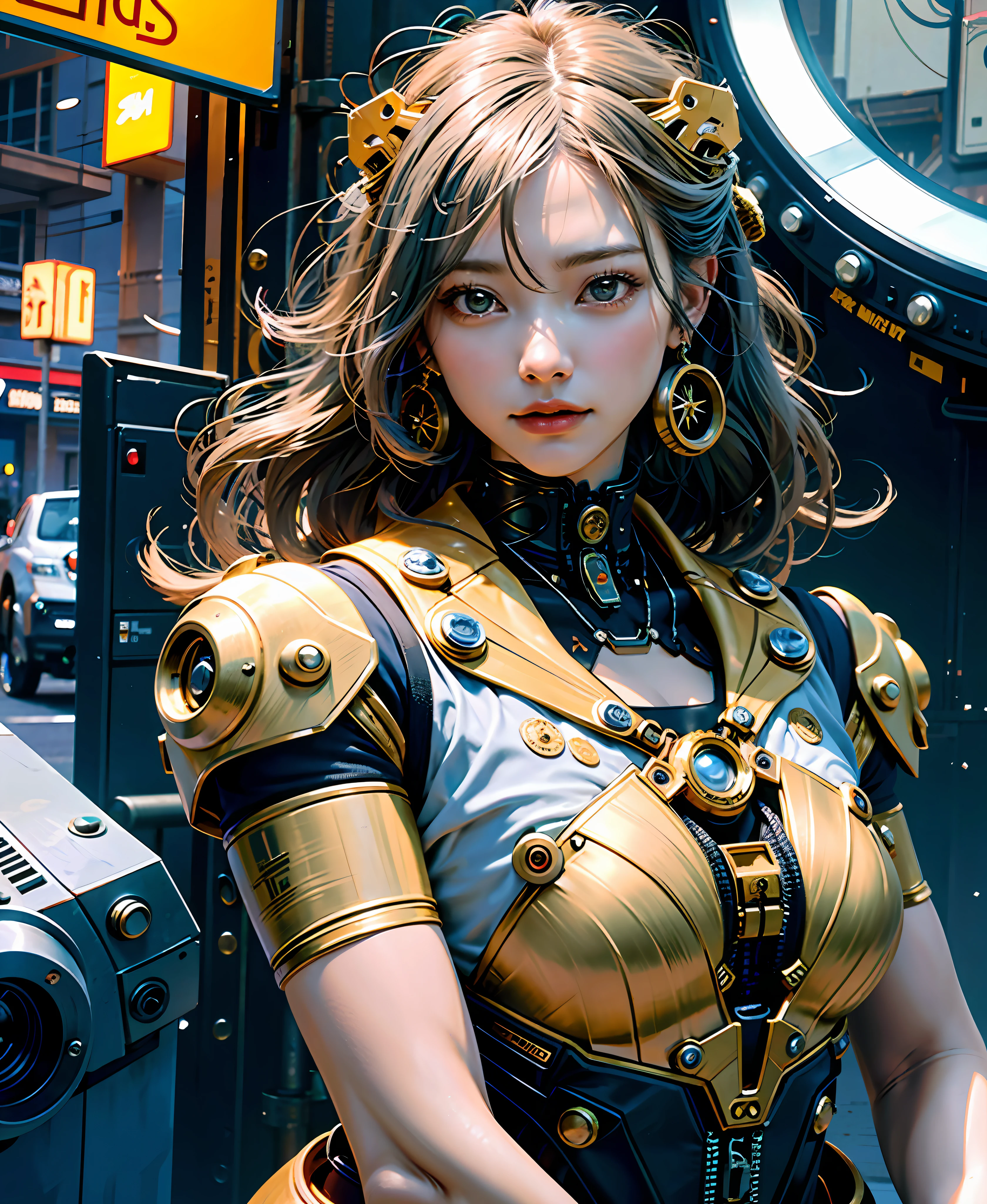 Gray hair, long fluttering hair, strong wind, orange eyes, shining eyes, steampunk girl, big, face, chest and thighs raw, cleavage visible. Photoreal, Portfolio, Fine LED, Golden Metal Mech Suit, Steampunk, Metallic, Fine Decoration, Beautiful Relief, Aggregate of Small Parts, Detailed Mech Parts, Bundle of Thin Tubes, Metal Cylinder, Detailed Neon, Fine LED, Fine Parts, Gears, Meters, Pressure Gauges, Steam