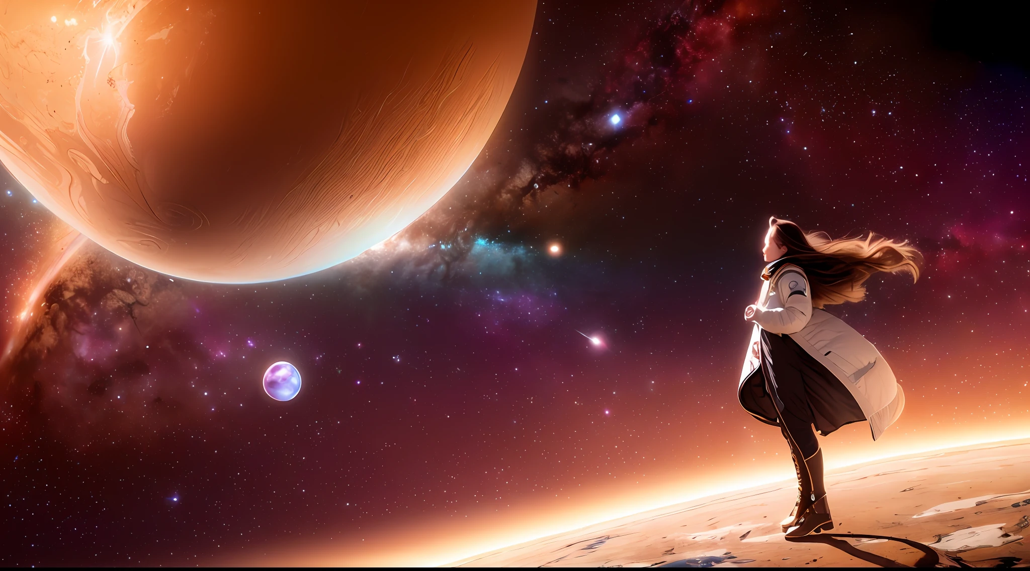 ((master)), ((best quality)), ultra-detailed CG unity 8k wallpaper, incredibly delicate and beautiful illustration, floating, high resolution, dynamic, ((1girl)), brown eyes, brown hair, astronaut cat, dark black background, stellar space, large white luminescent stars, a huge black hole in the background, colorful planets floating in a cosmic maelstrom.