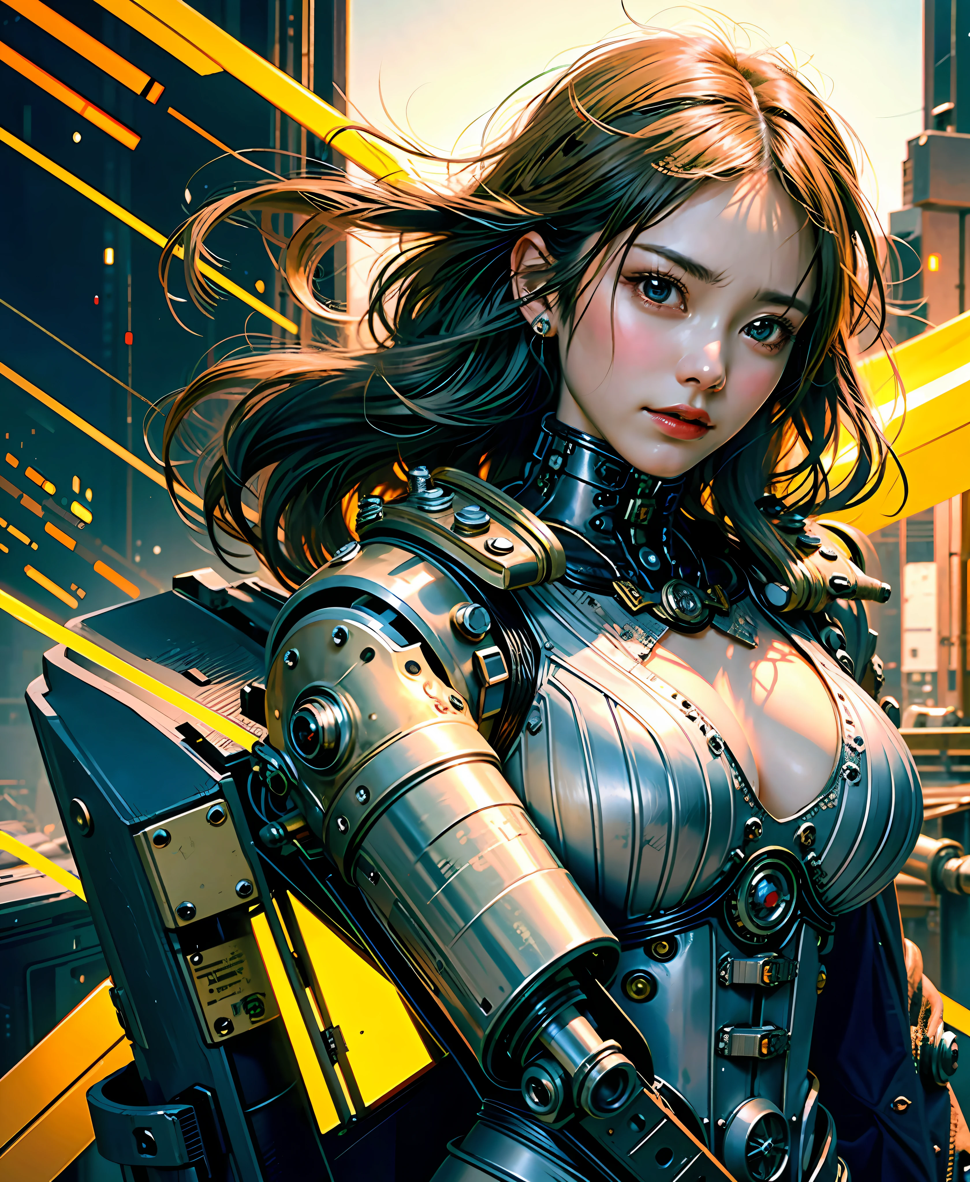 Gray hair, long fluttering hair, strong wind, orange eyes, shining eyes, steampunk girl, big, face, chest and thighs raw, cleavage visible. Photoreal, Portfolio, Fine LED, Golden Metal Mech Suit, Steampunk, Metallic, Fine Decoration, Beautiful Relief, Aggregate of Small Parts, Detailed Mech Parts, Bundle of Thin Tubes, Metal Cylinder, Detailed Neon, Fine LED, Fine Parts, Gears, Meters, Pressure Gauges, Steam