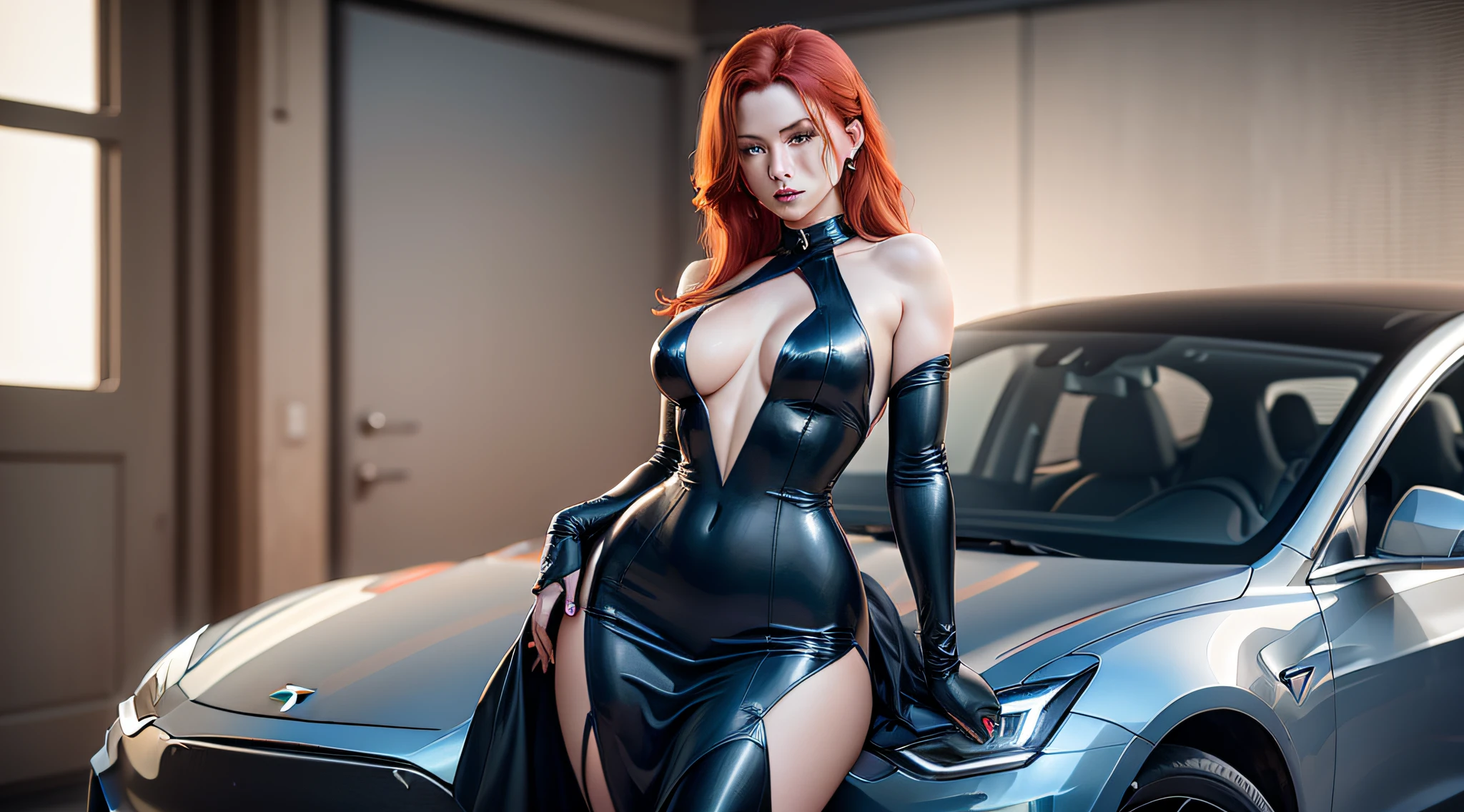 Create a dark blue tesla model 3 with a red-haired model on the side, the model is wearing a dress that contrasts with the color of the tesla, and the model's dress has very large and provocative necklines, the model has a penetrating and confident look.