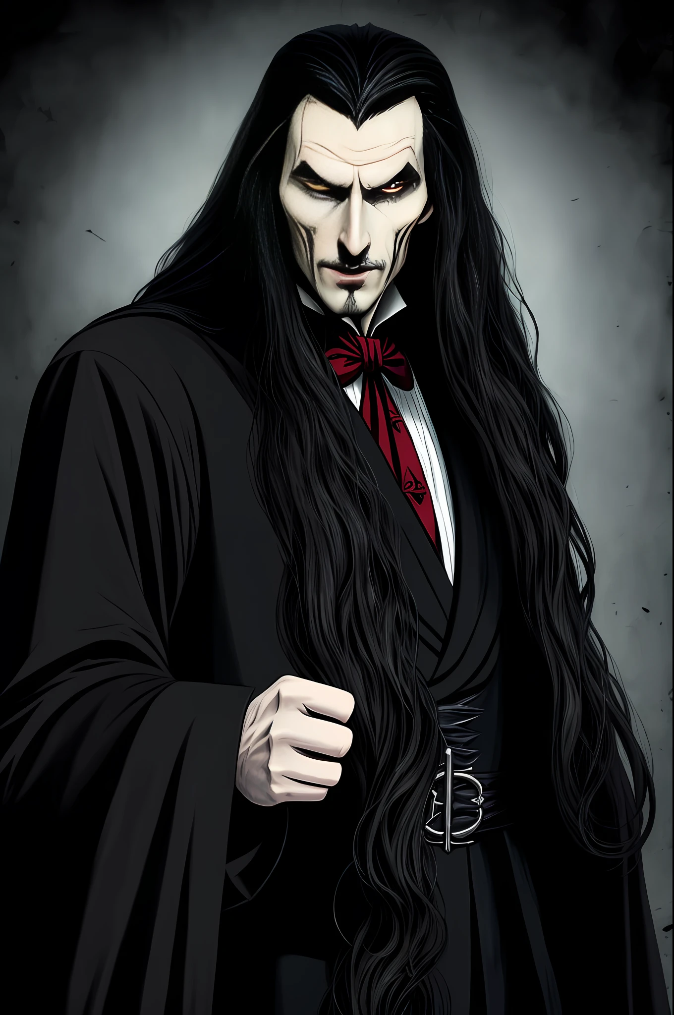 a man with long hair and a black robe, Count Dracula, Alucard, Dracula, L vampire, Lord Vampire, vampire anime, Castlevania, He is very menacing and evil, Castelvania, Portrait of the Sinister Professor, Vampire, Morbius, Raven Attano, Evil Villain Grin, Carmilla Vampire, Male Vampire
