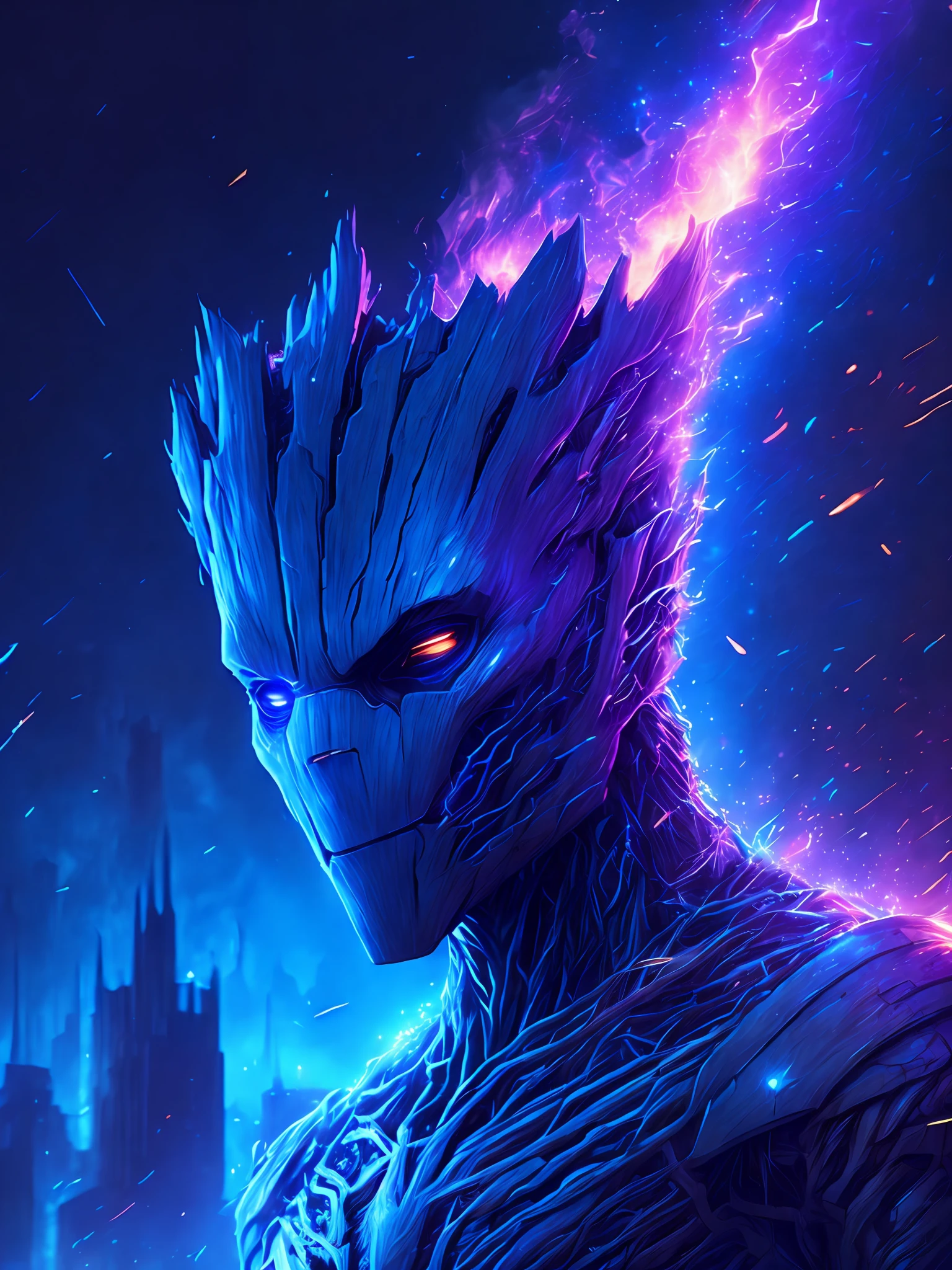 gloomy portrait of Groot from Marvel, extremely detailed, futuristic cityscape, nighttime, glowing neon lights, smoke, sparks, metal shavings, flying debris, blue energy effects, volumetric light
